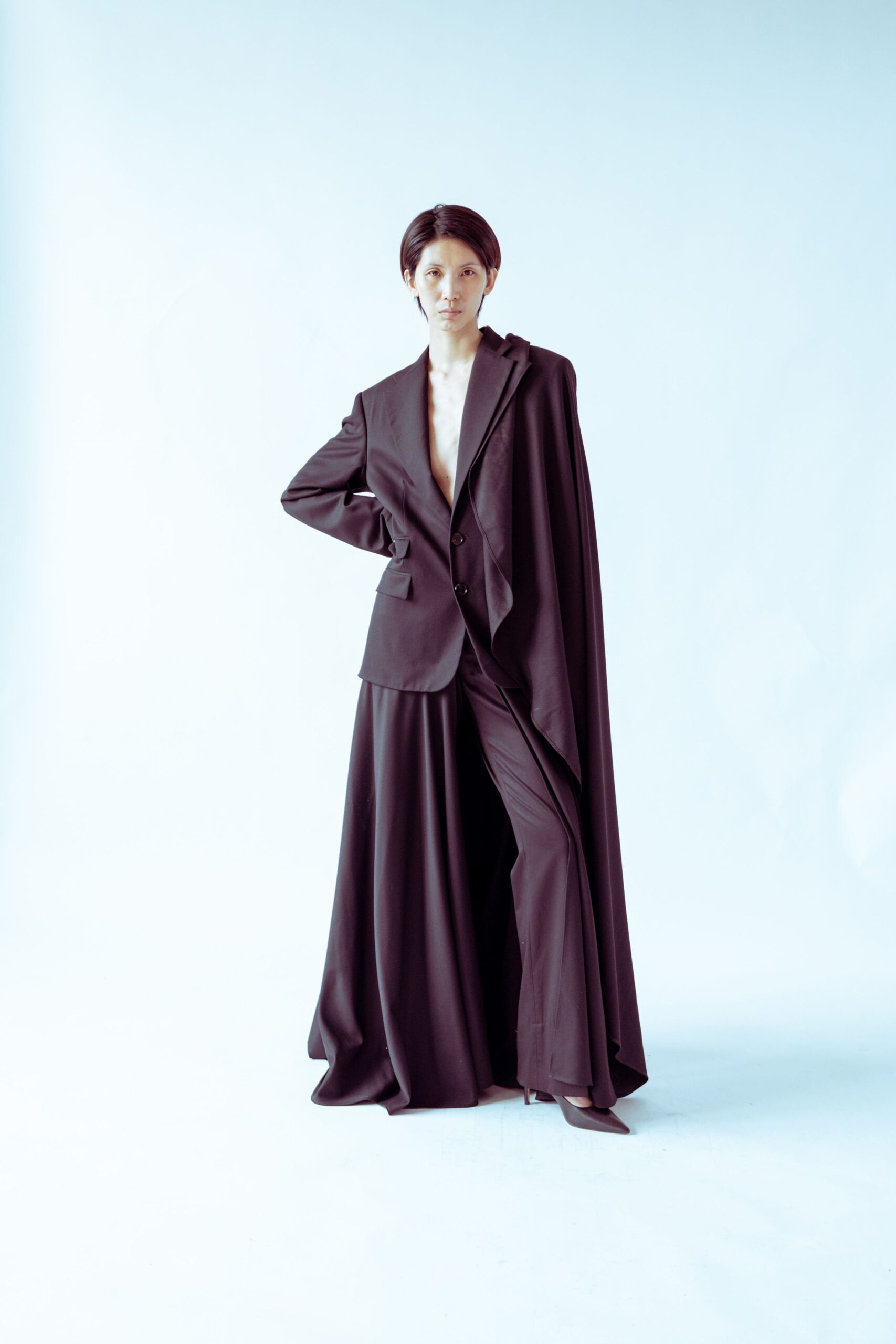 brown silk fitted wide-leg pants