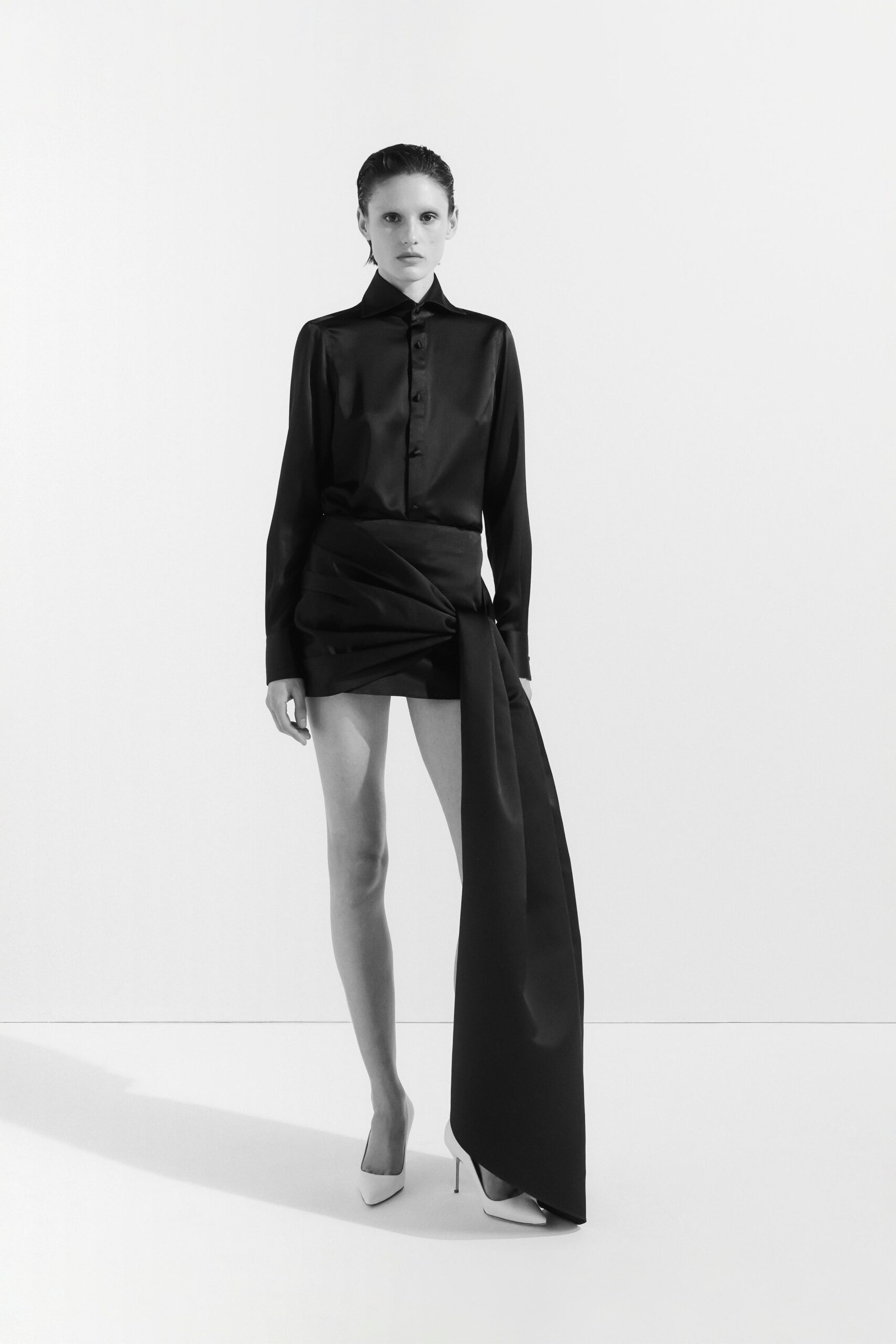 black silk long-sleeve collared fitted zippered mini shirt-dress
