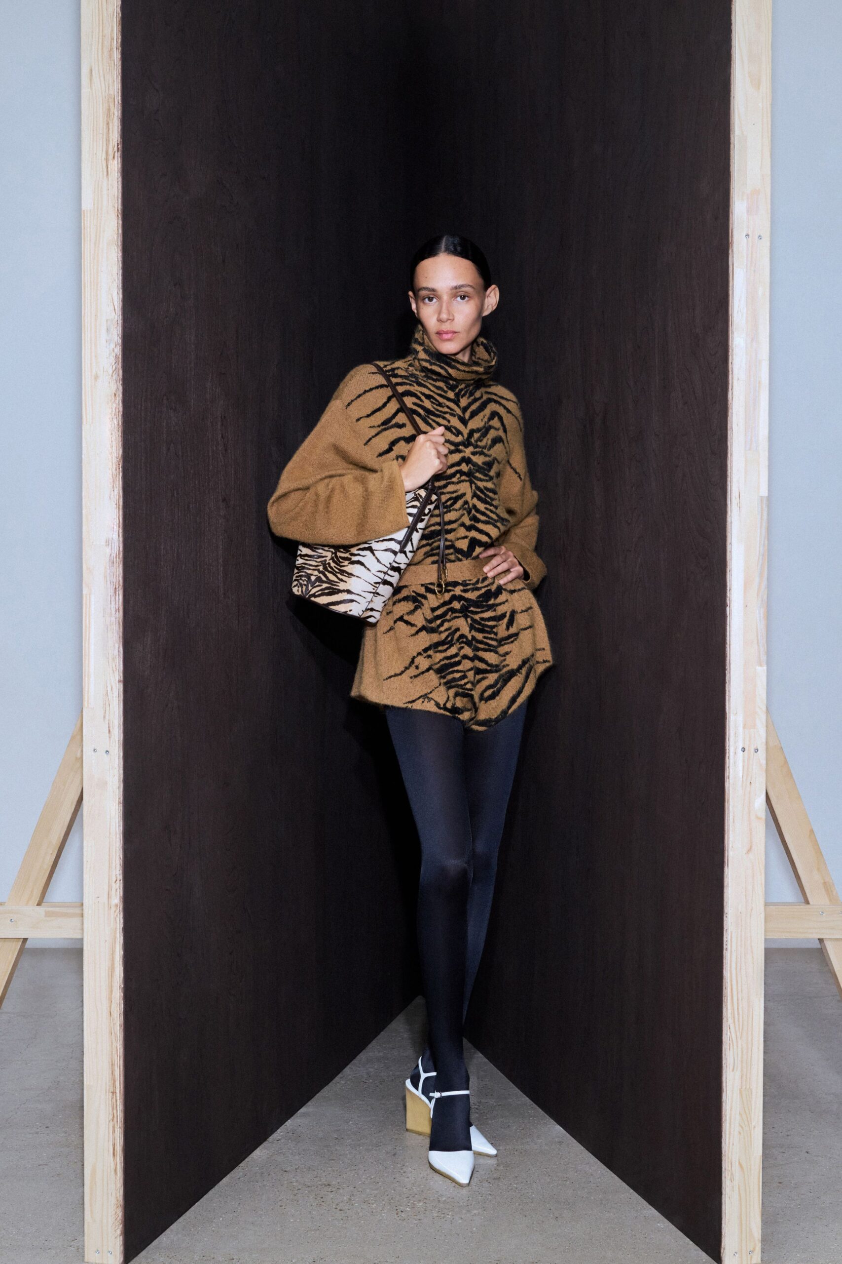 brown wool long-sleeve high-neck relaxed animal-print top