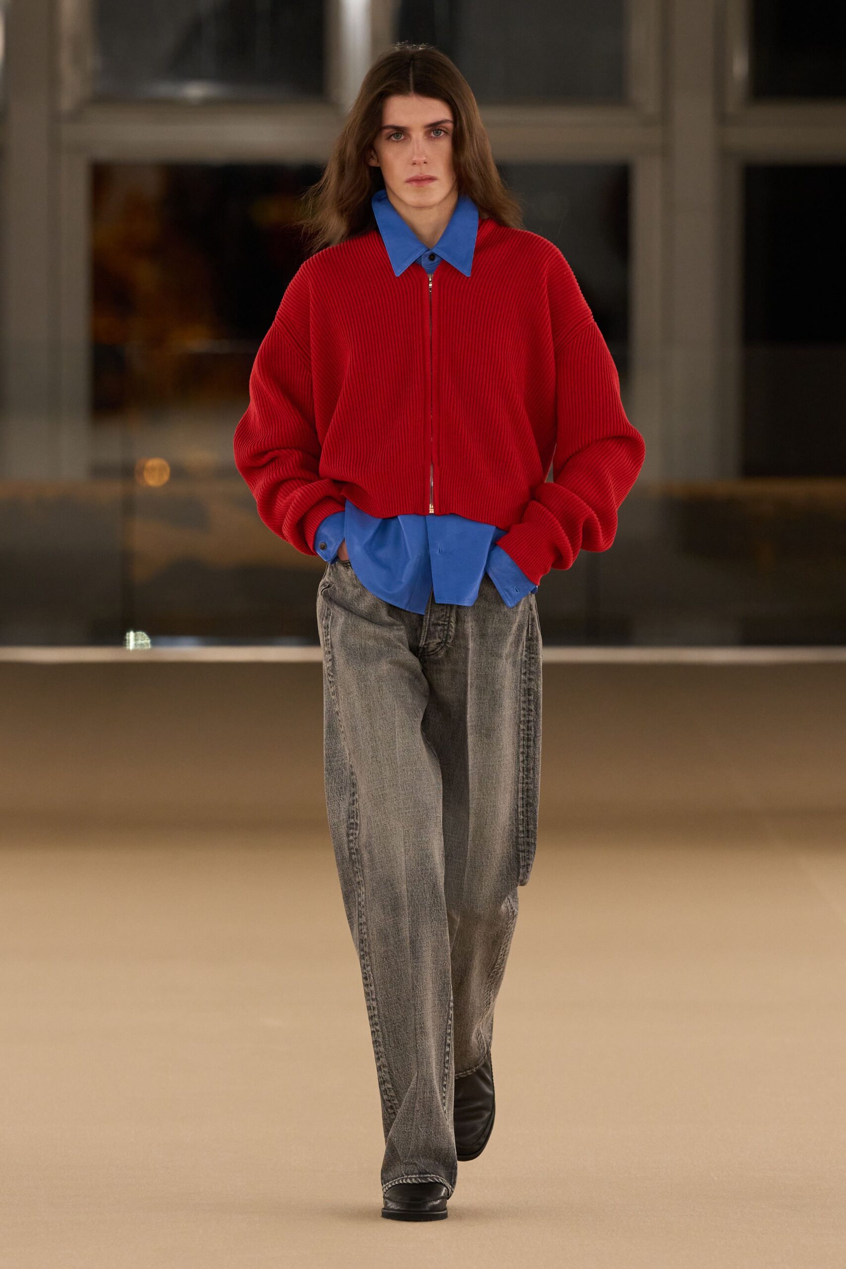 oversized red sweater with blue shirt