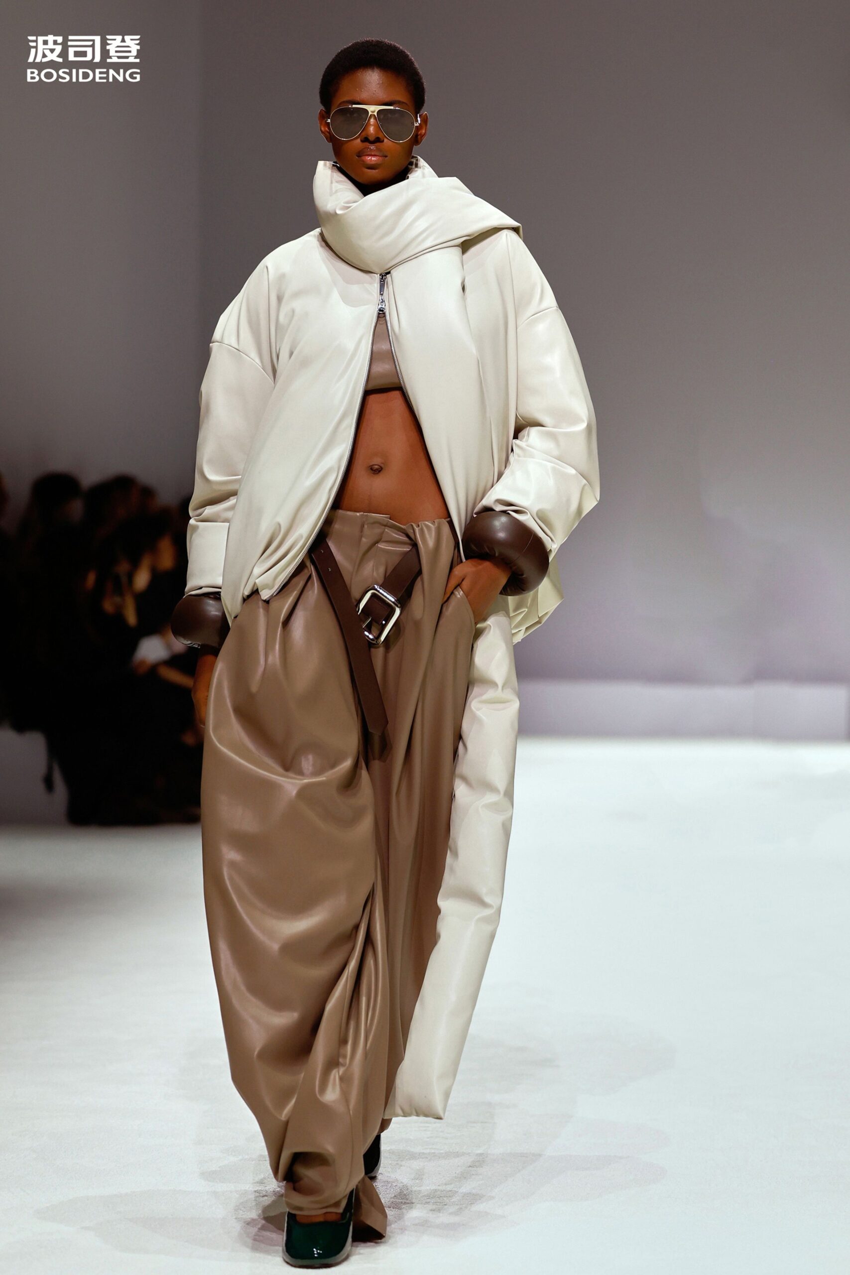 white leather long-sleeve collared oversized coat
