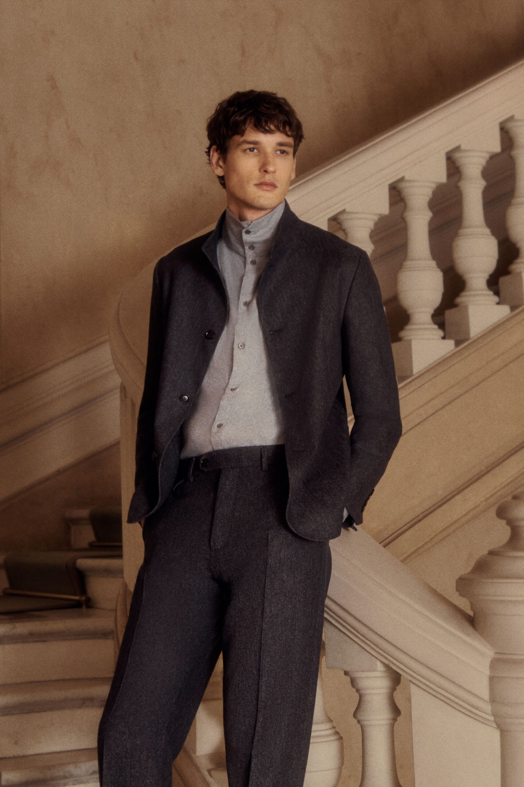 gray wool long-sleeve collared structured jacket