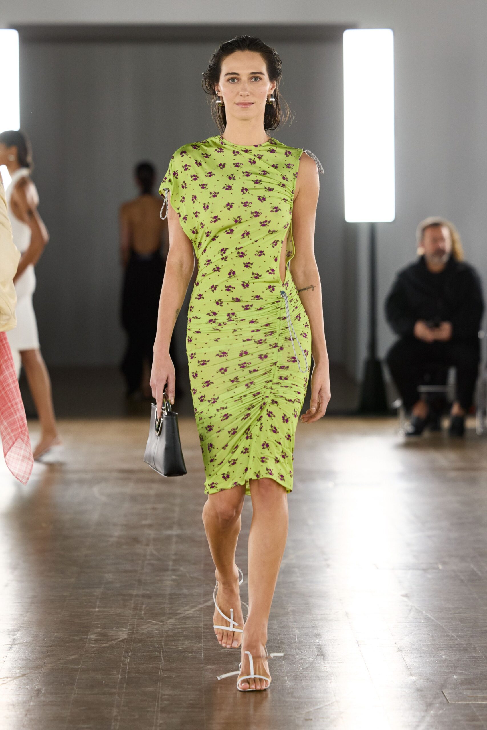 green cotton sleeveless high-neck fitted ruched printed dress