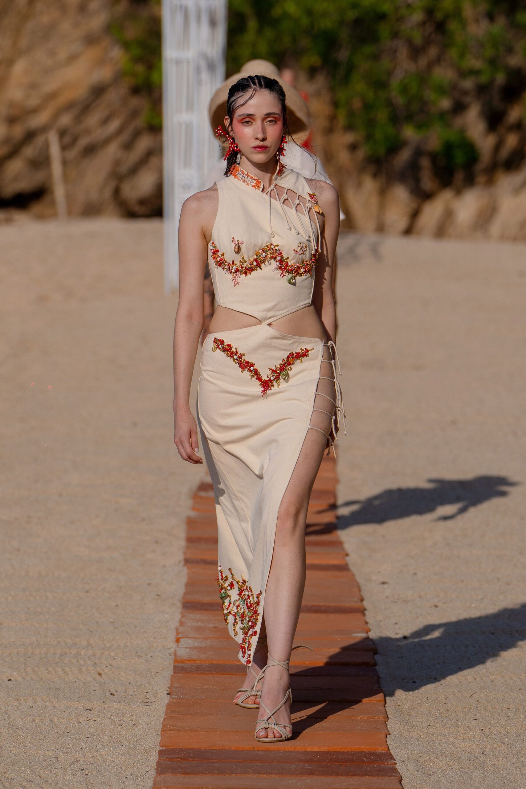 beige silk sleeveless high-neck fitted embroidered midi dress