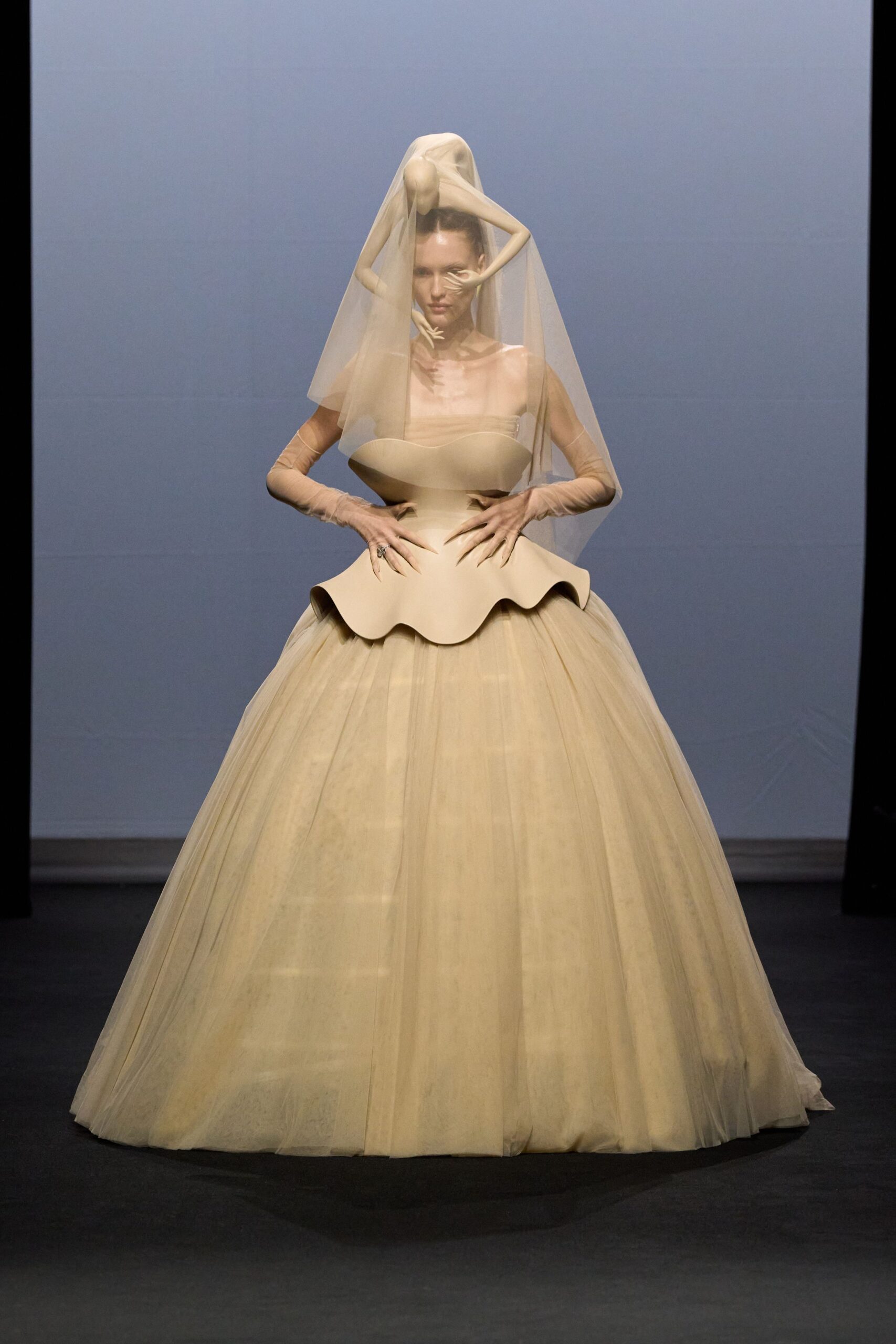 beige silk gown with veil