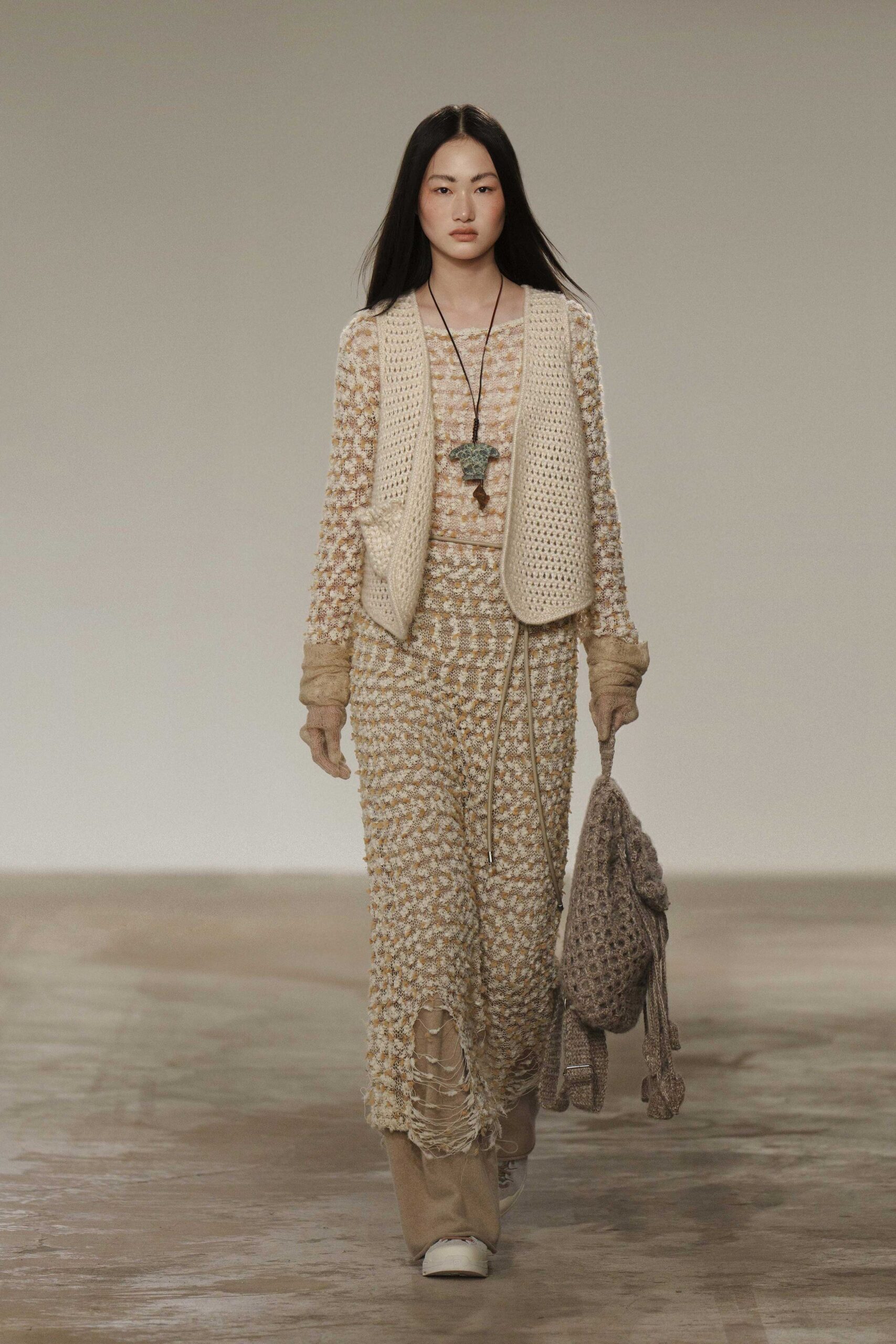 beige crochet maxi dress with cardigan