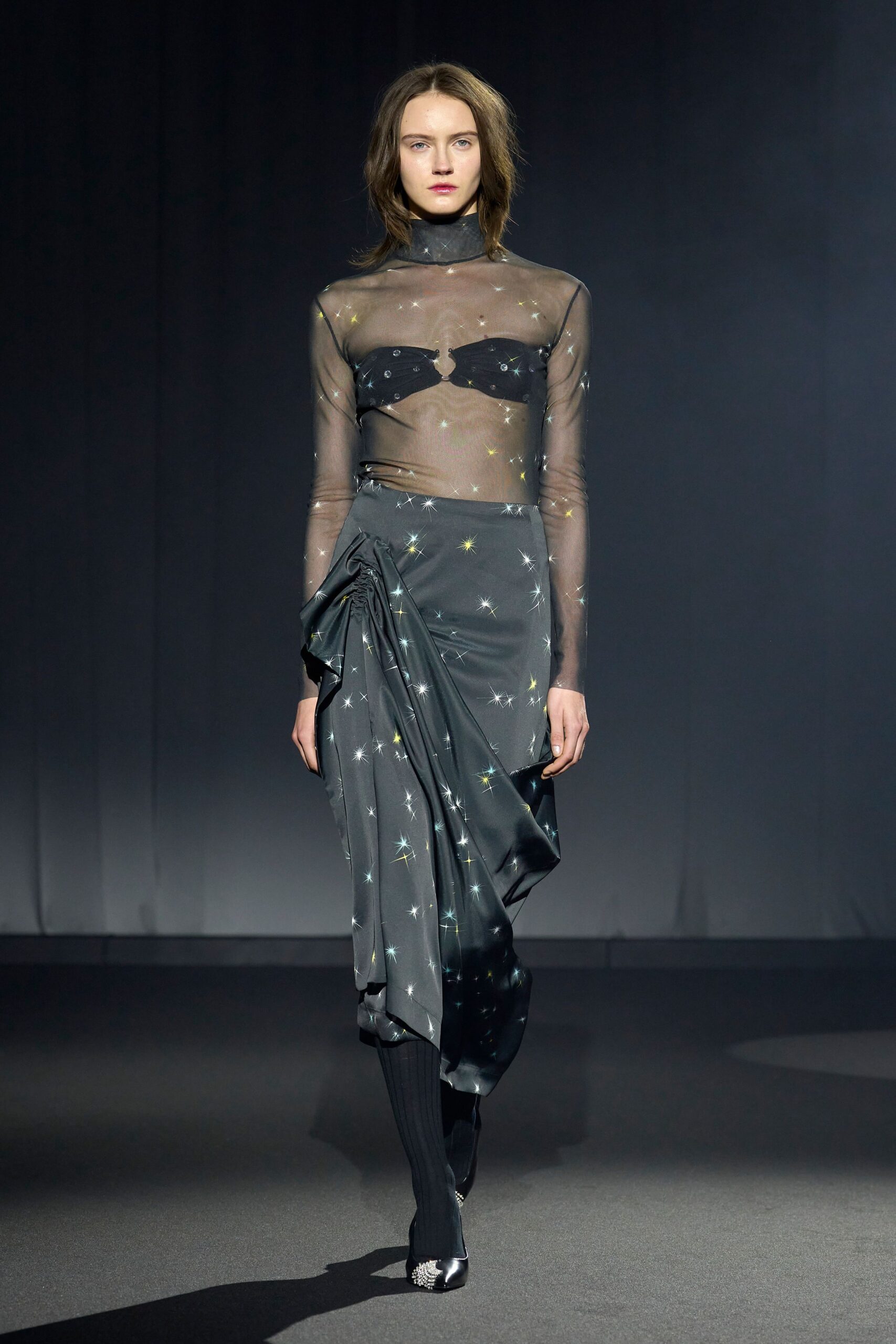 gray silk asymmetric fitted draped flowing midi skirt