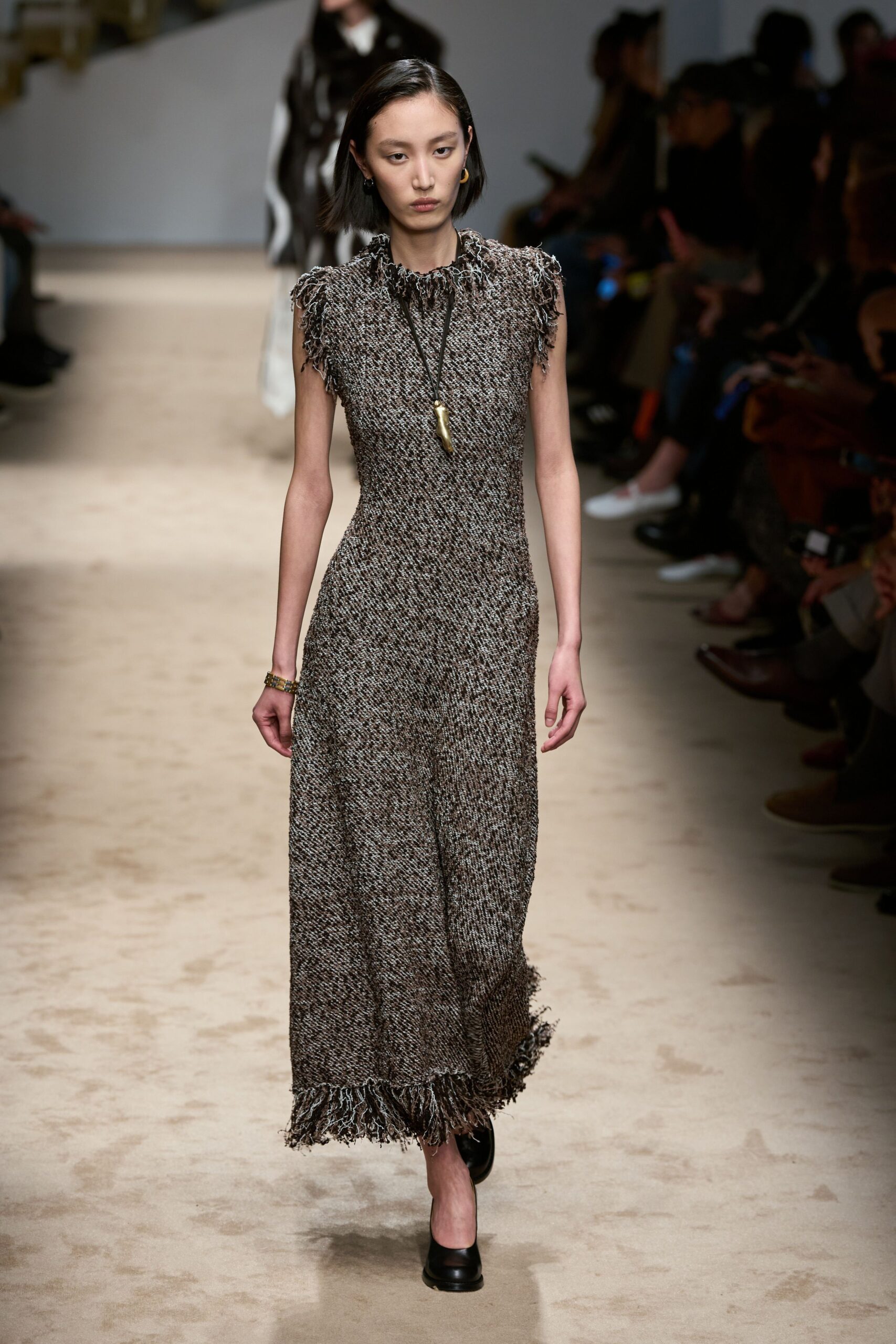 black gray fringed maxi dress