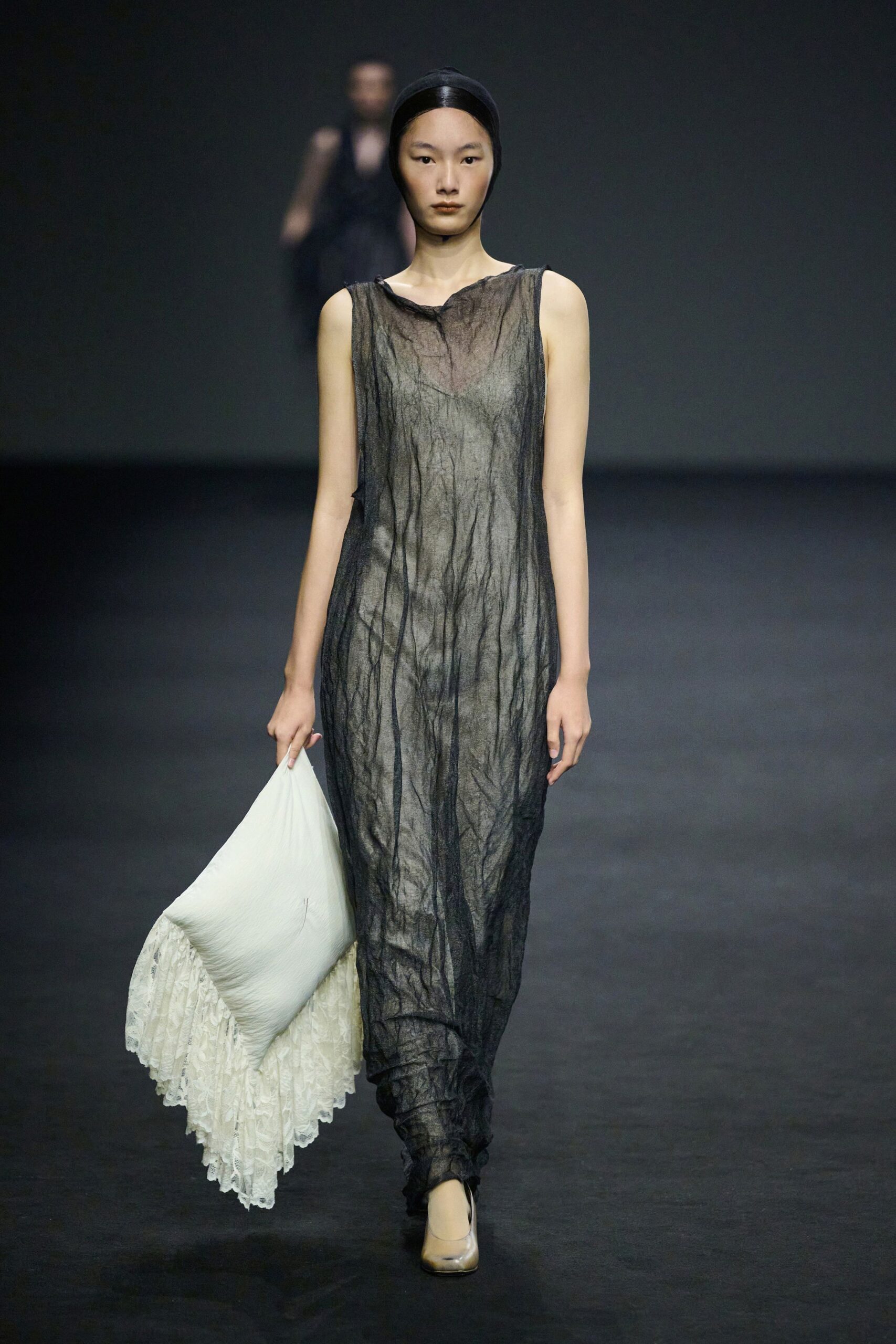 black silk sleeveless v-neck relaxed draped sheer dress