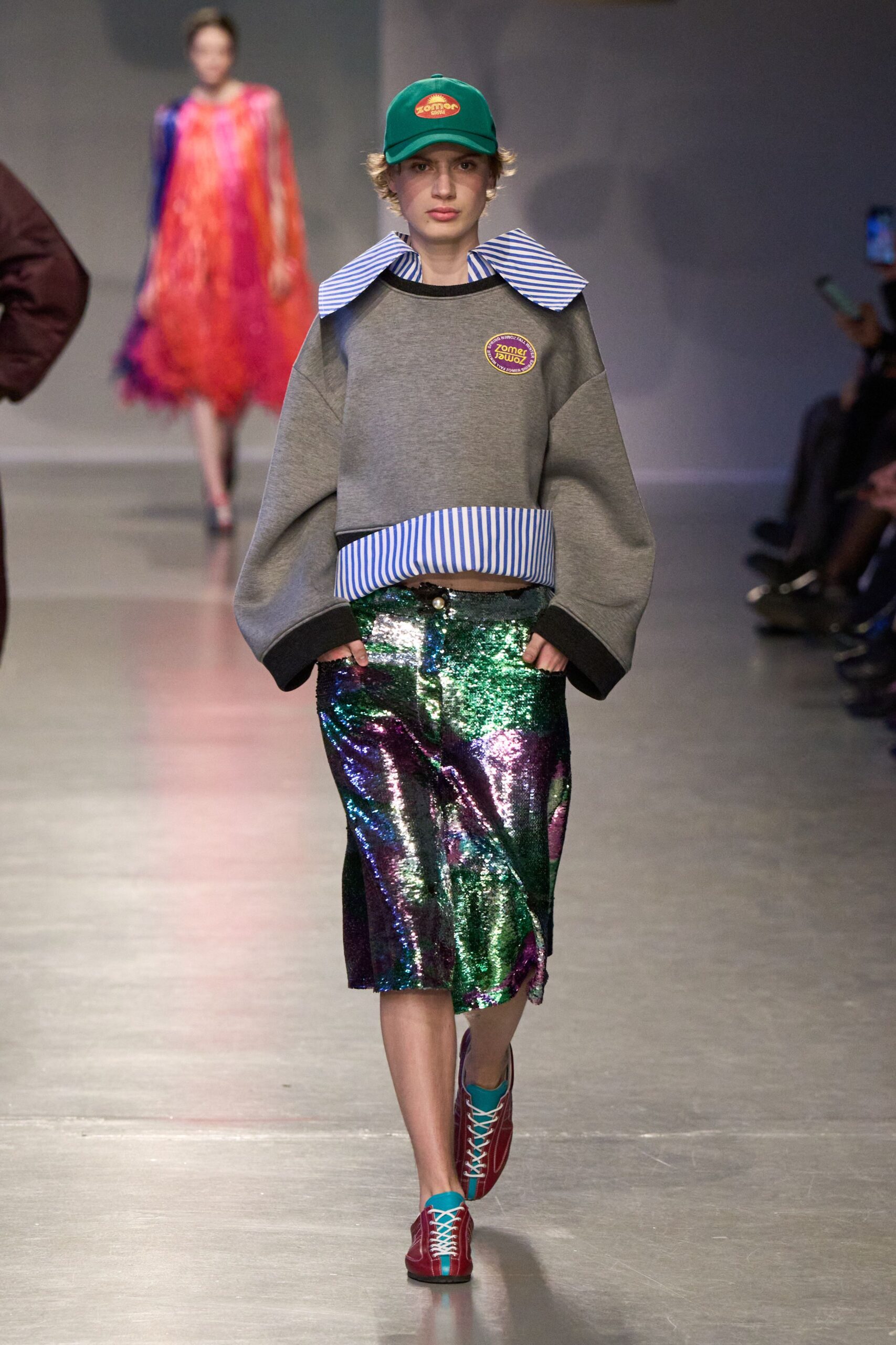 gray cotton long-sleeve collared oversized layered sweater