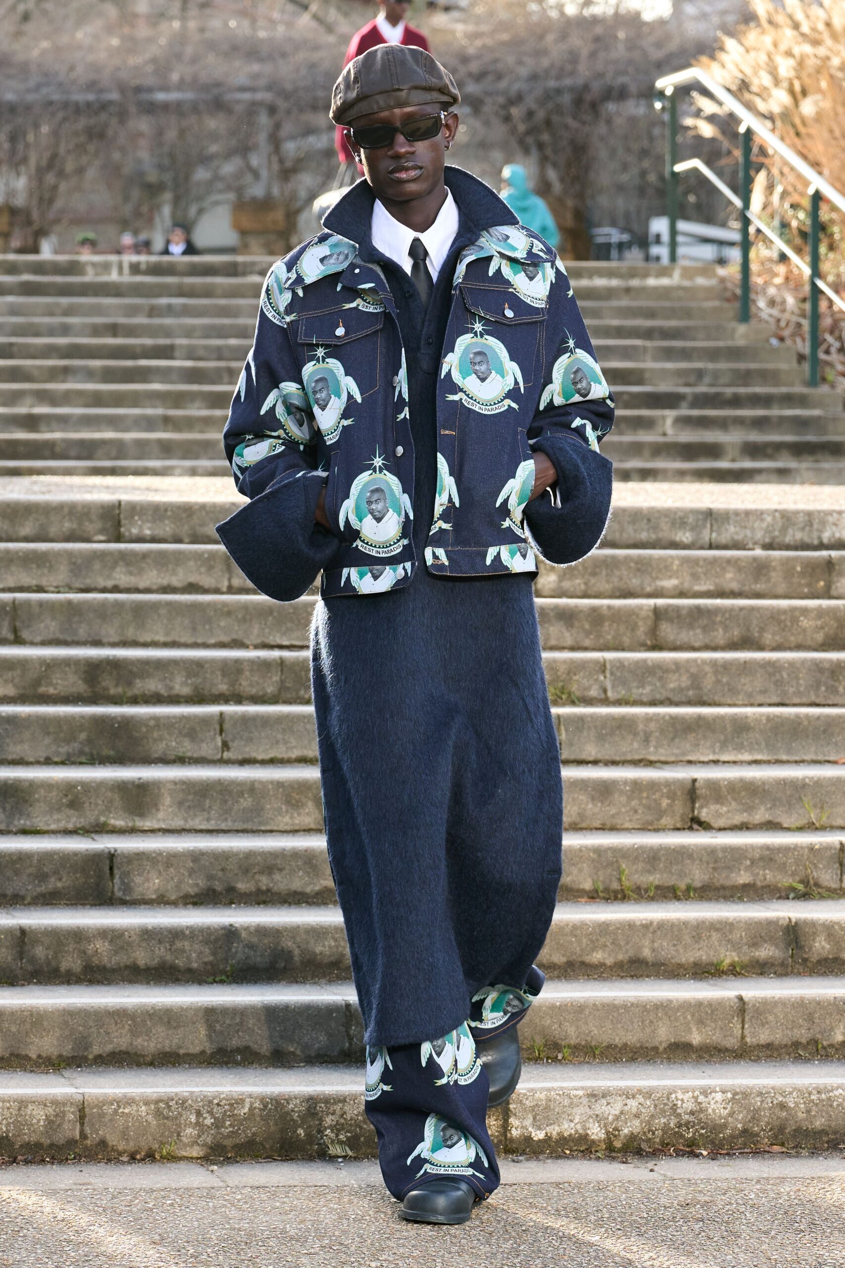 blue denim long-sleeve collared relaxed printed jacket