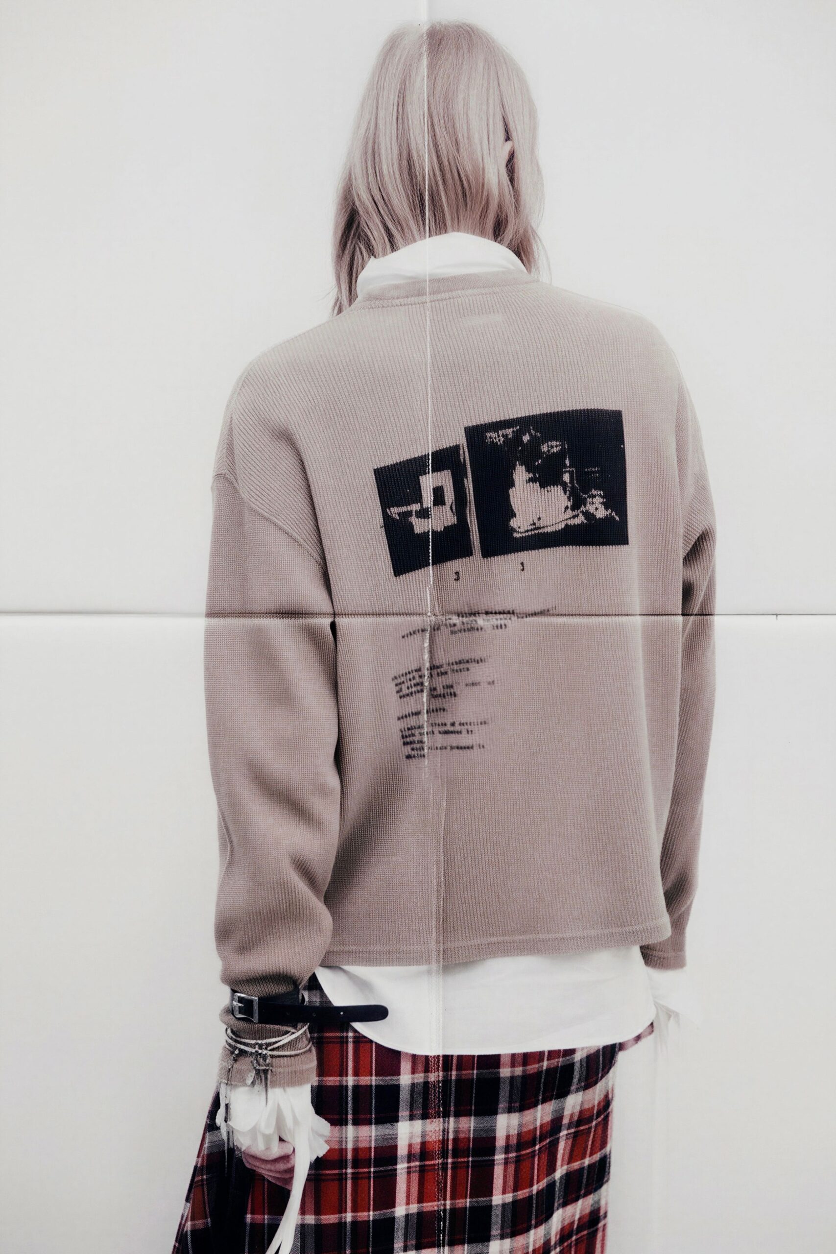 beige cotton long-sleeve collared relaxed printed sweater