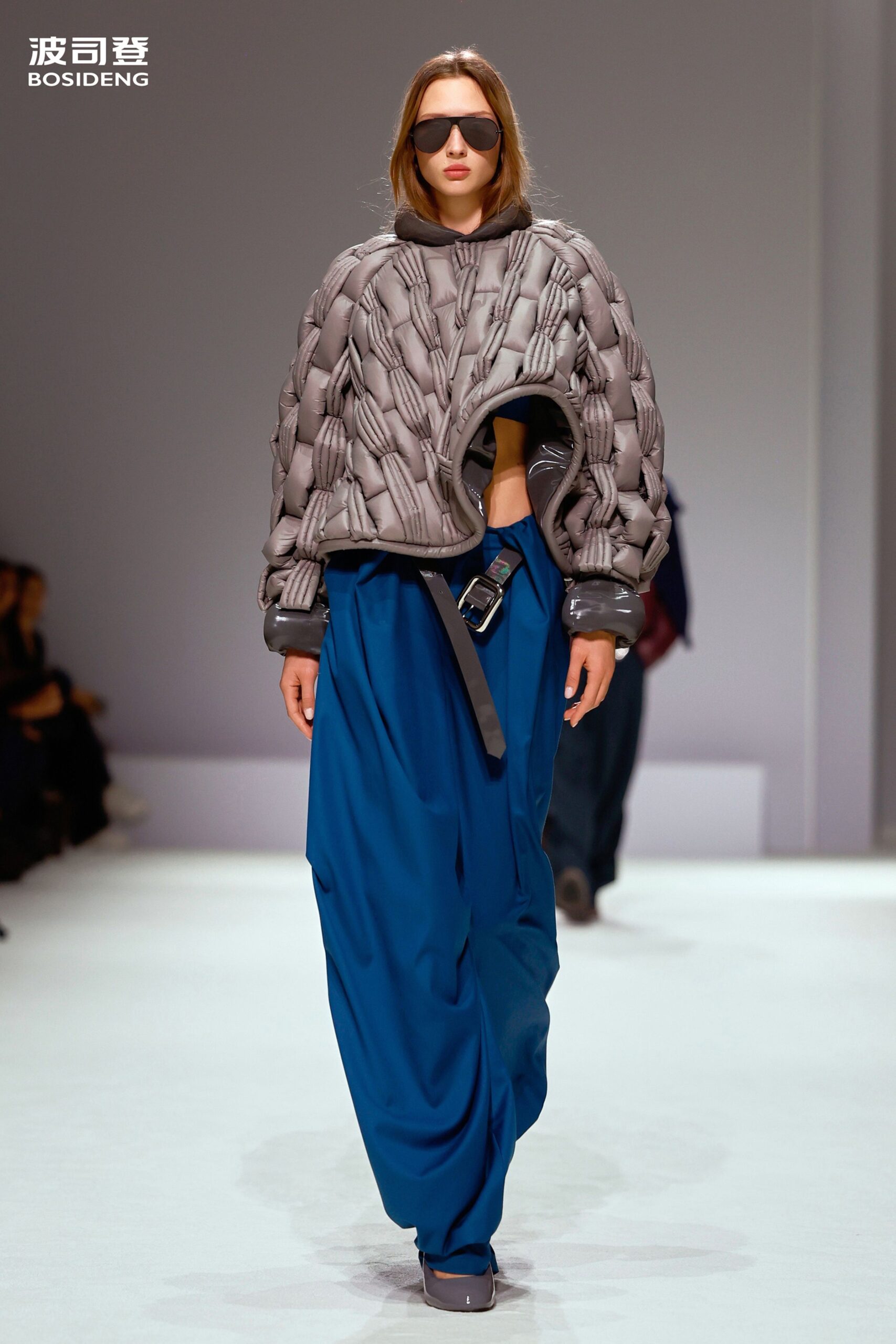 gray cotton long-sleeve collared oversized padded top