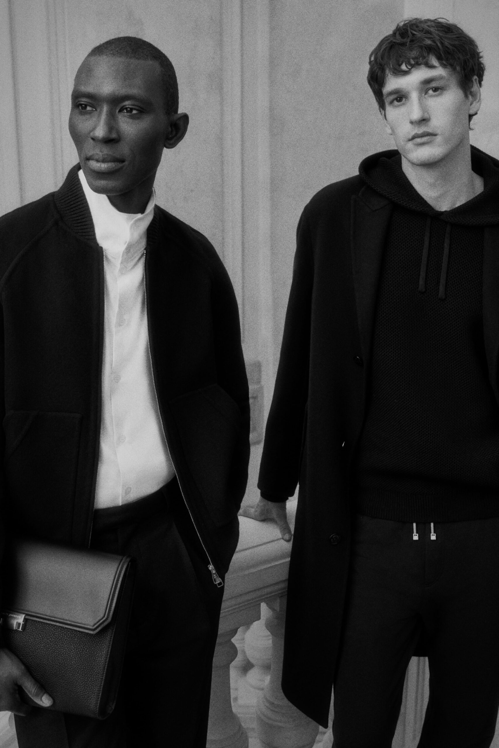 black jacket and white shirt