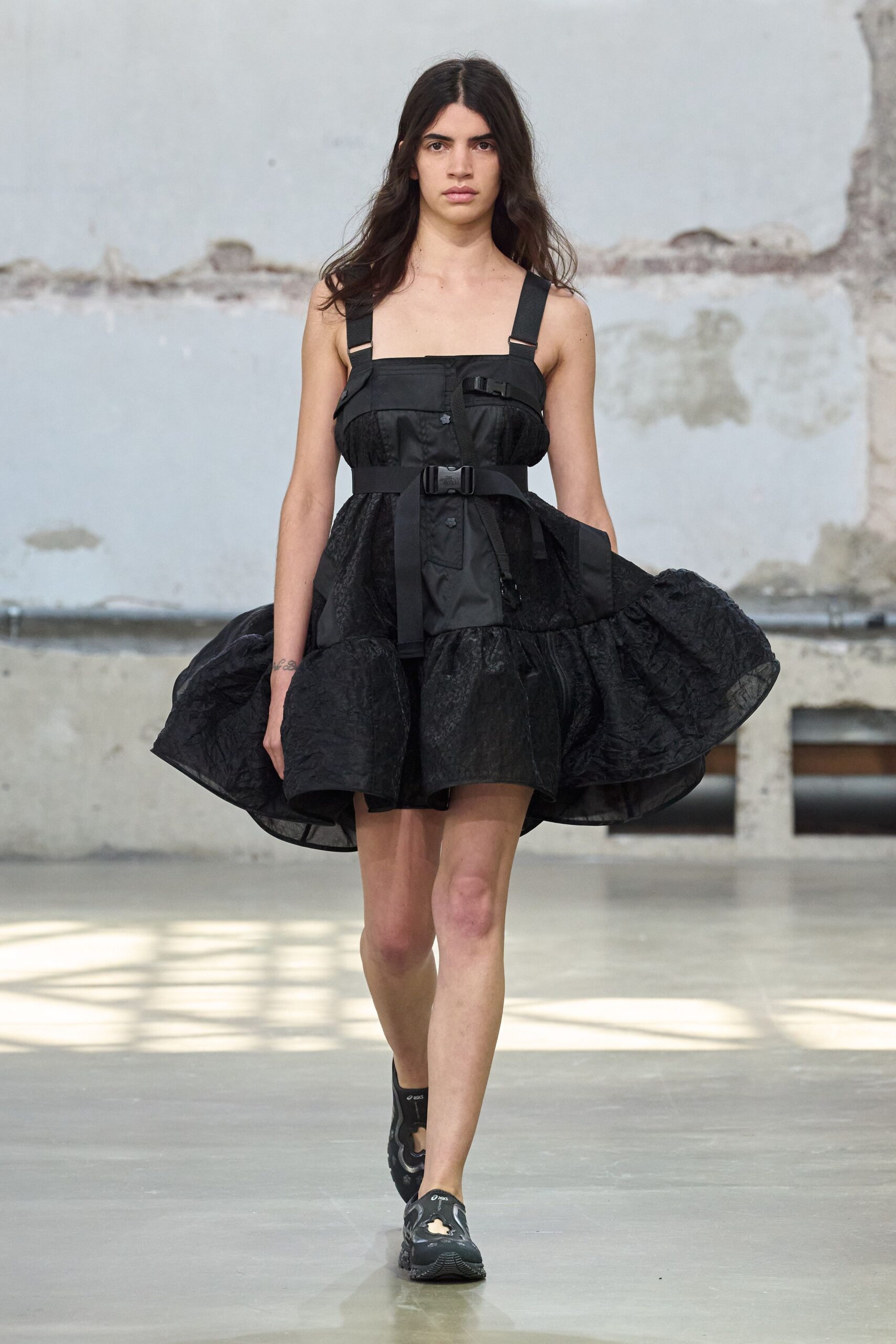 black mini dress with cutout shoes