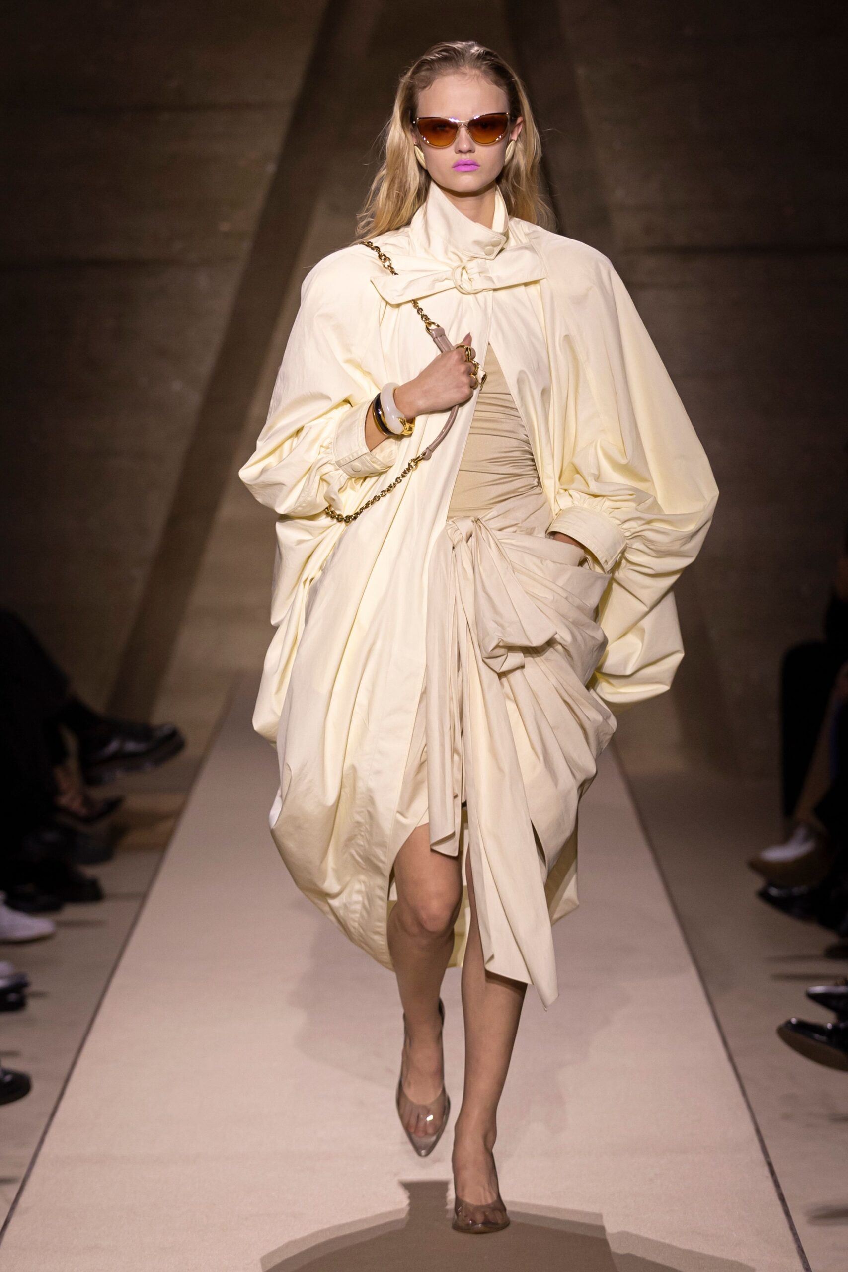 beige silk sleeveless v-neck fitted draped flowing dress