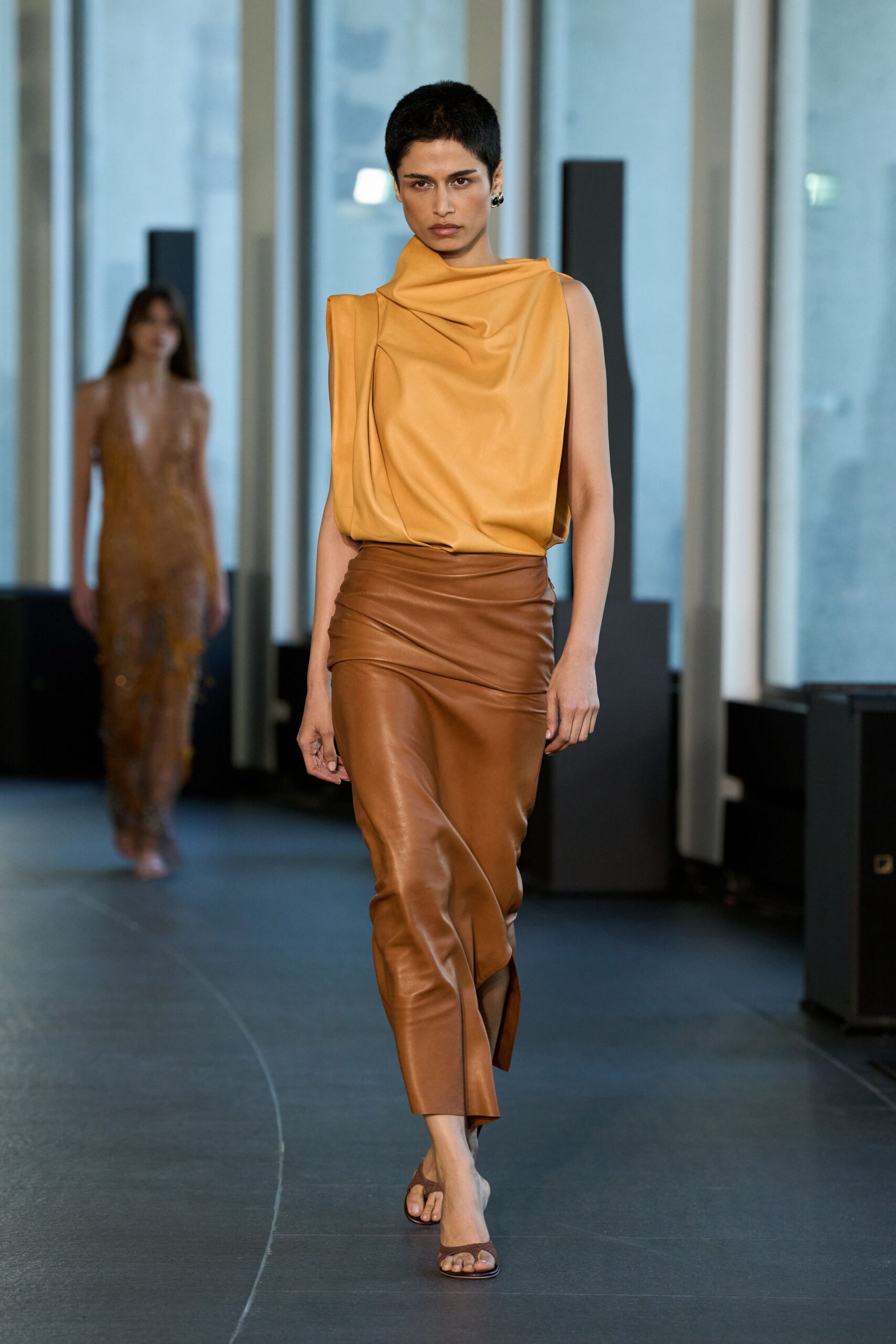 orange silk sleeveless high-neck fitted draped top