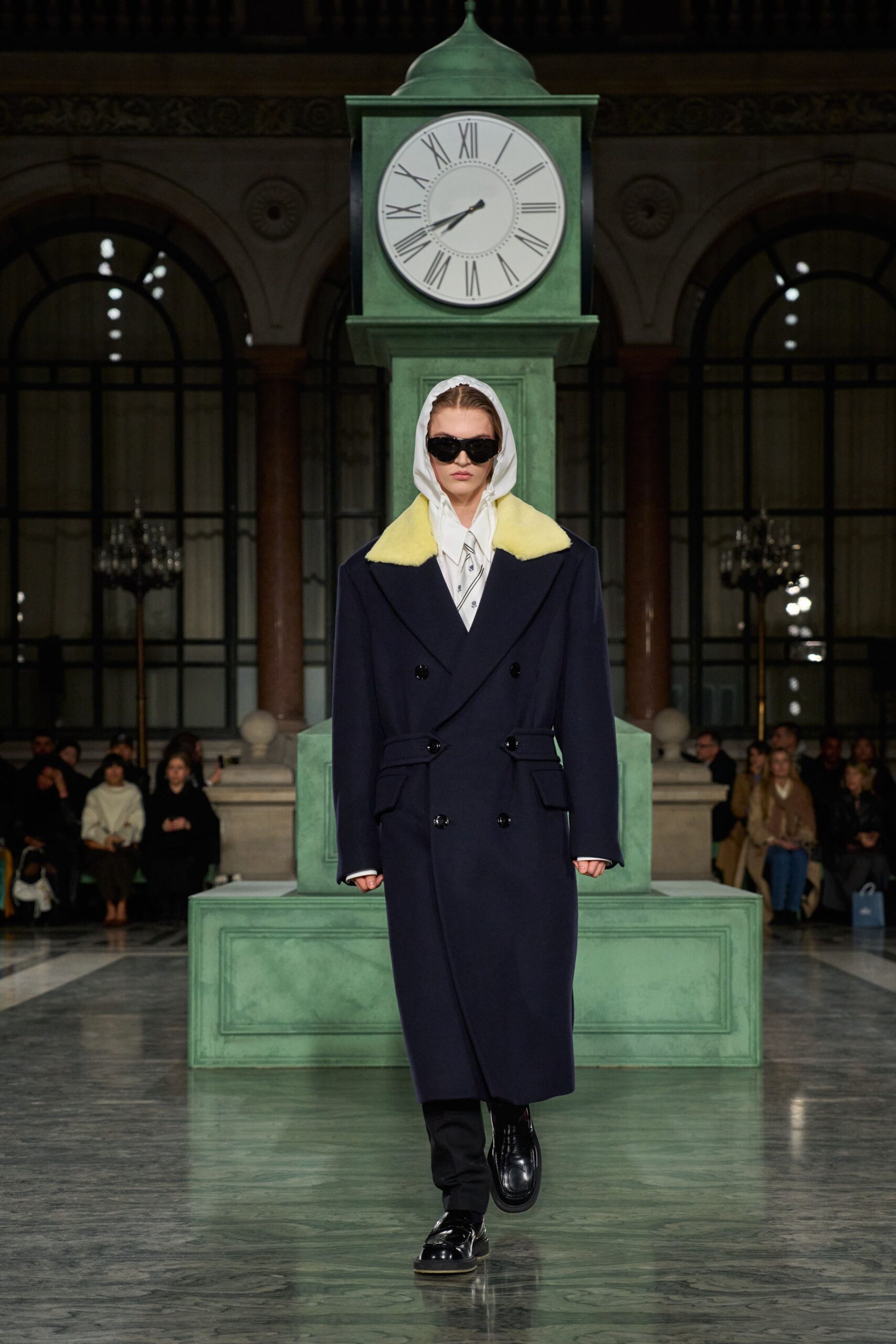navy wool coat with yellow collar