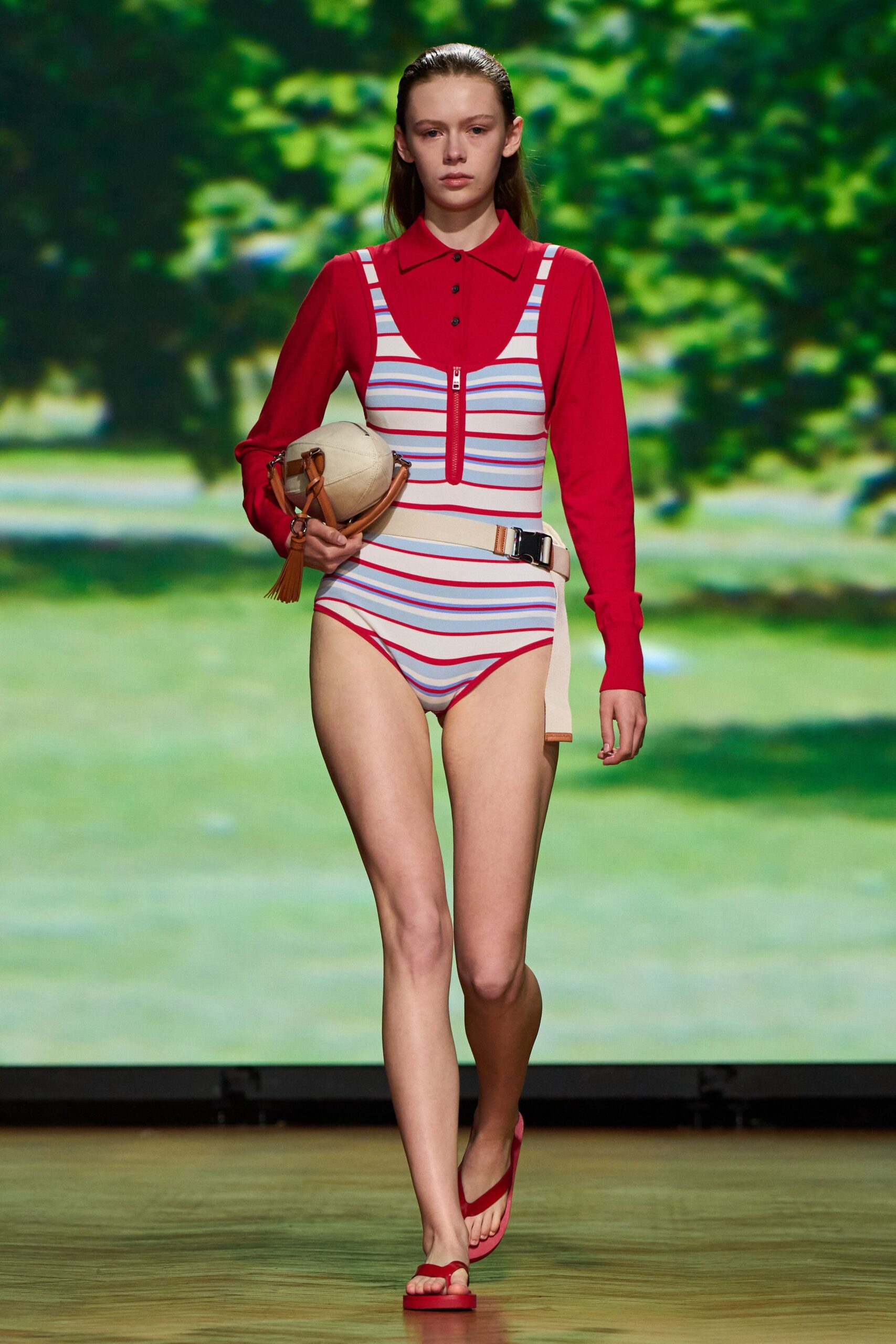 red striped swimsuit with shorts