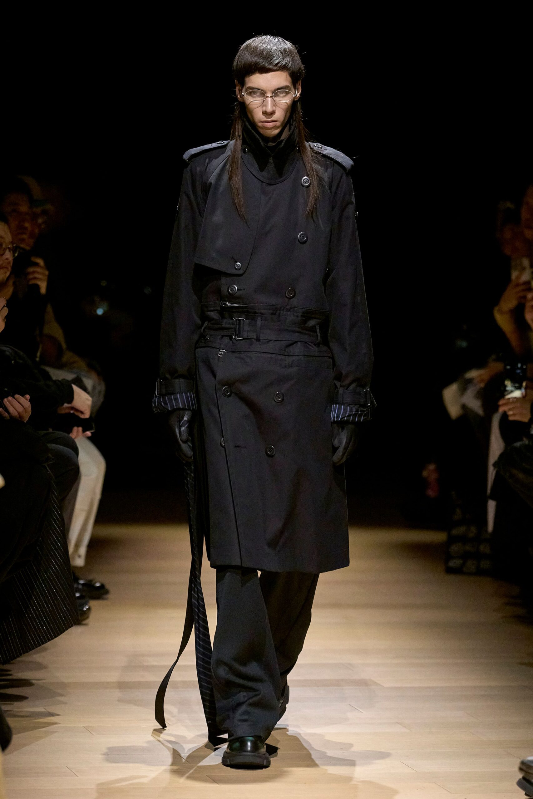 black trench coat with relaxed pants