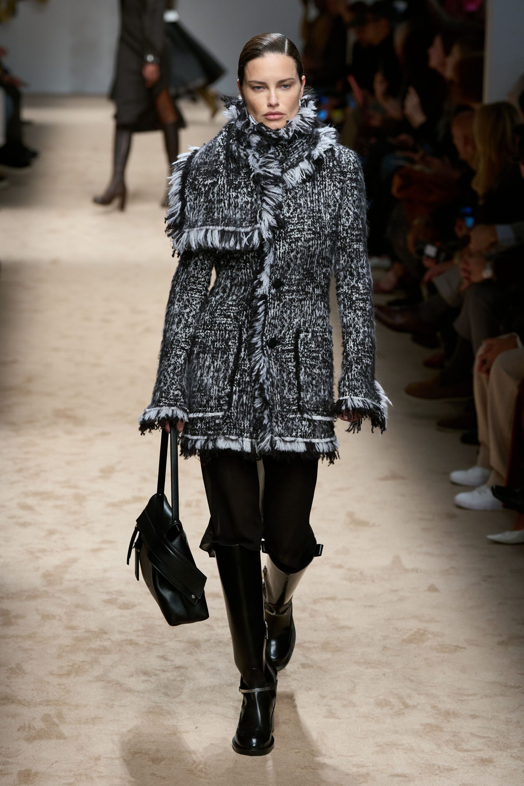 black and white fringed coat