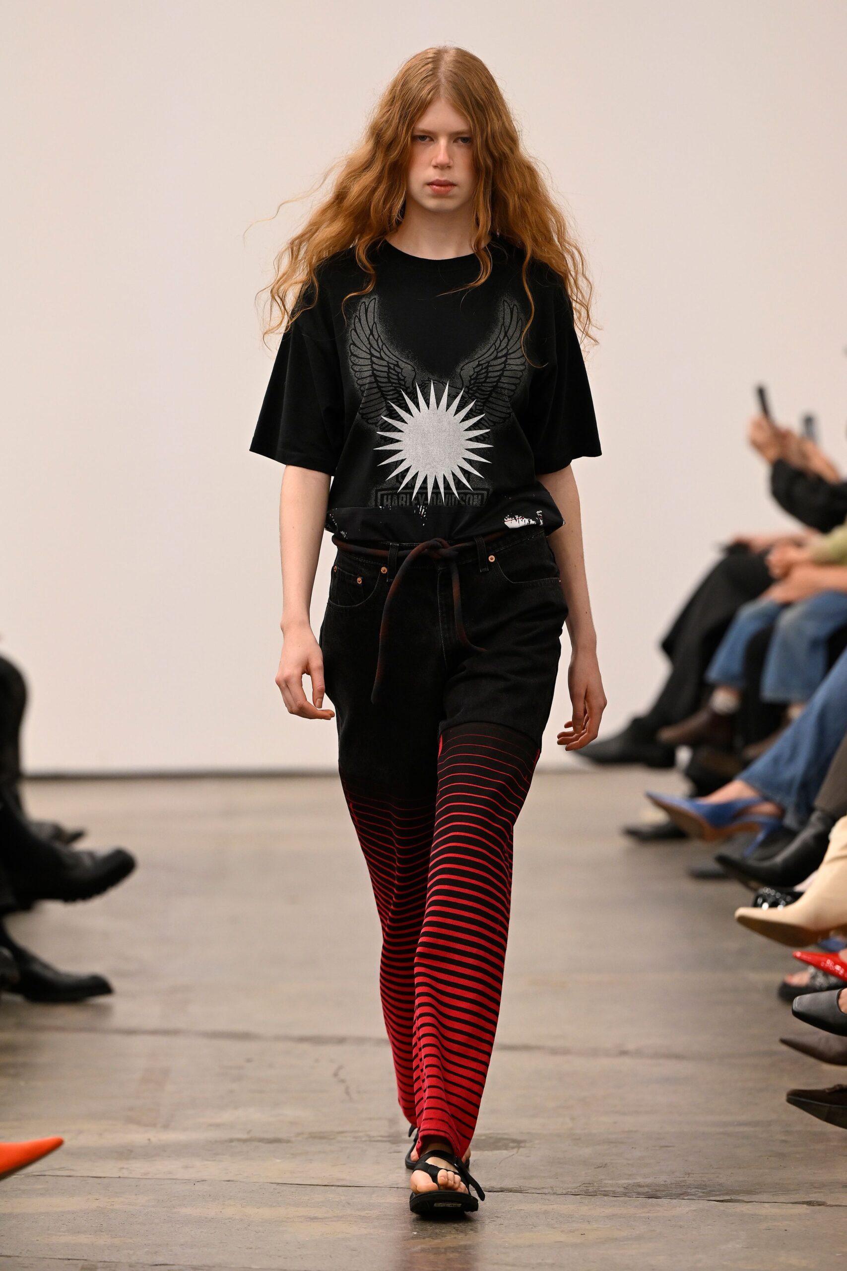 black t-shirt with striped pants