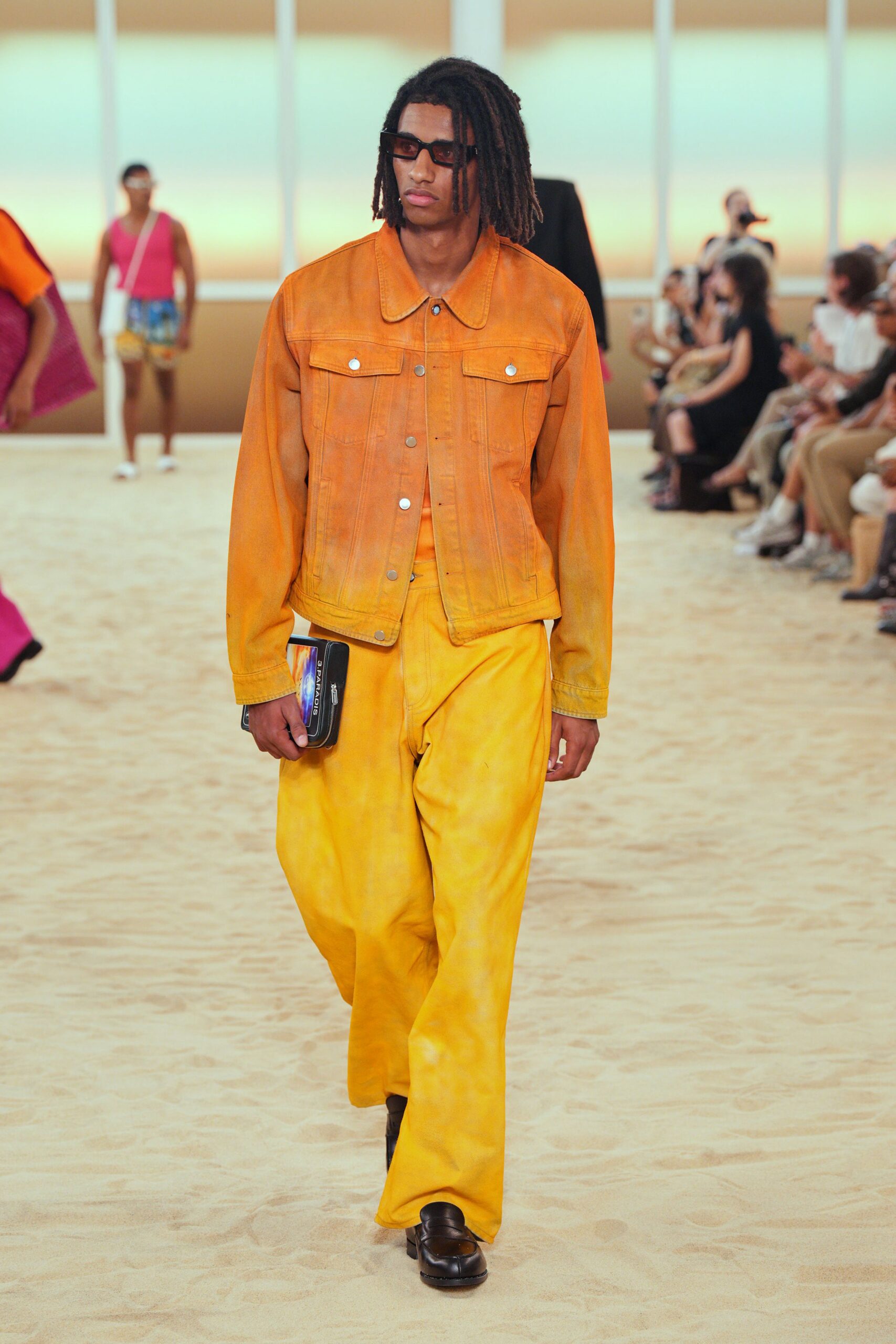 orange denim long-sleeve collared relaxed buttoned jacket