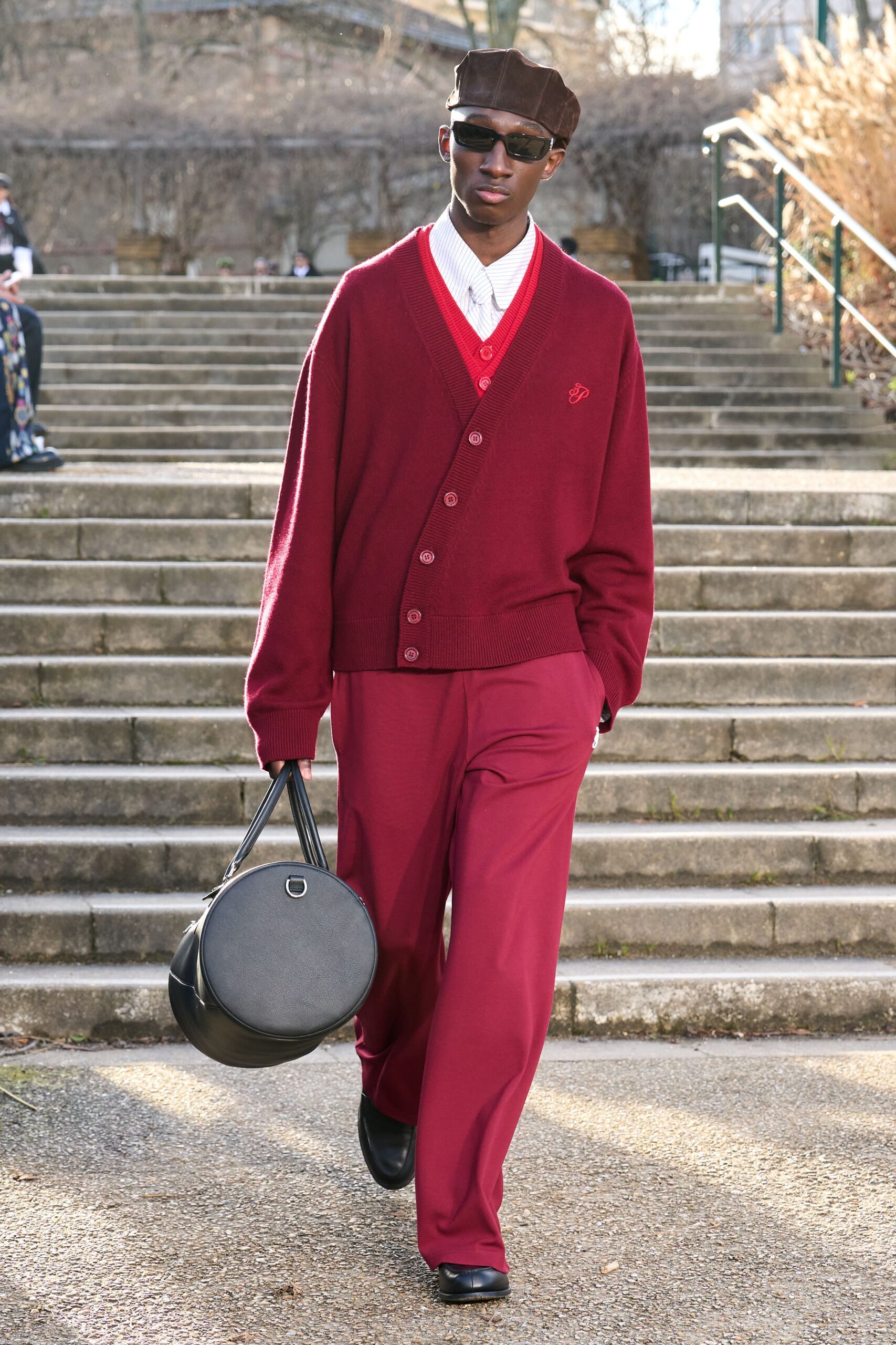 red wool sweater with relaxed pants