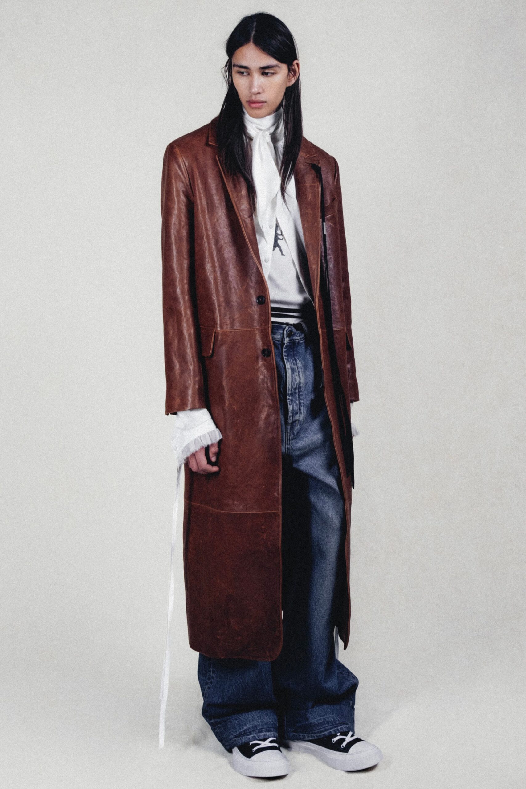 brown leather long-sleeve collared relaxed buttoned coat