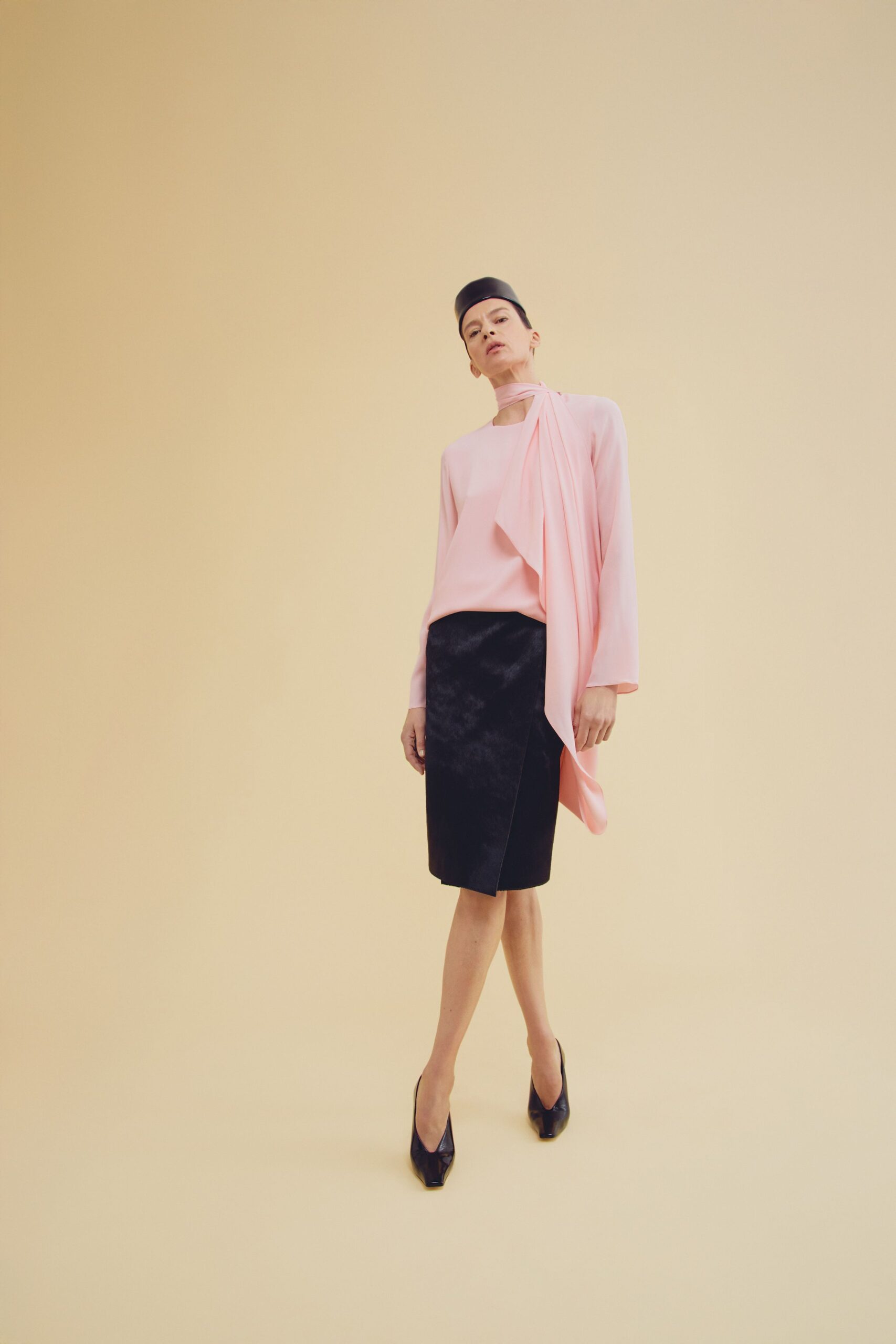 pink silk long-sleeve high-neck fitted draped top