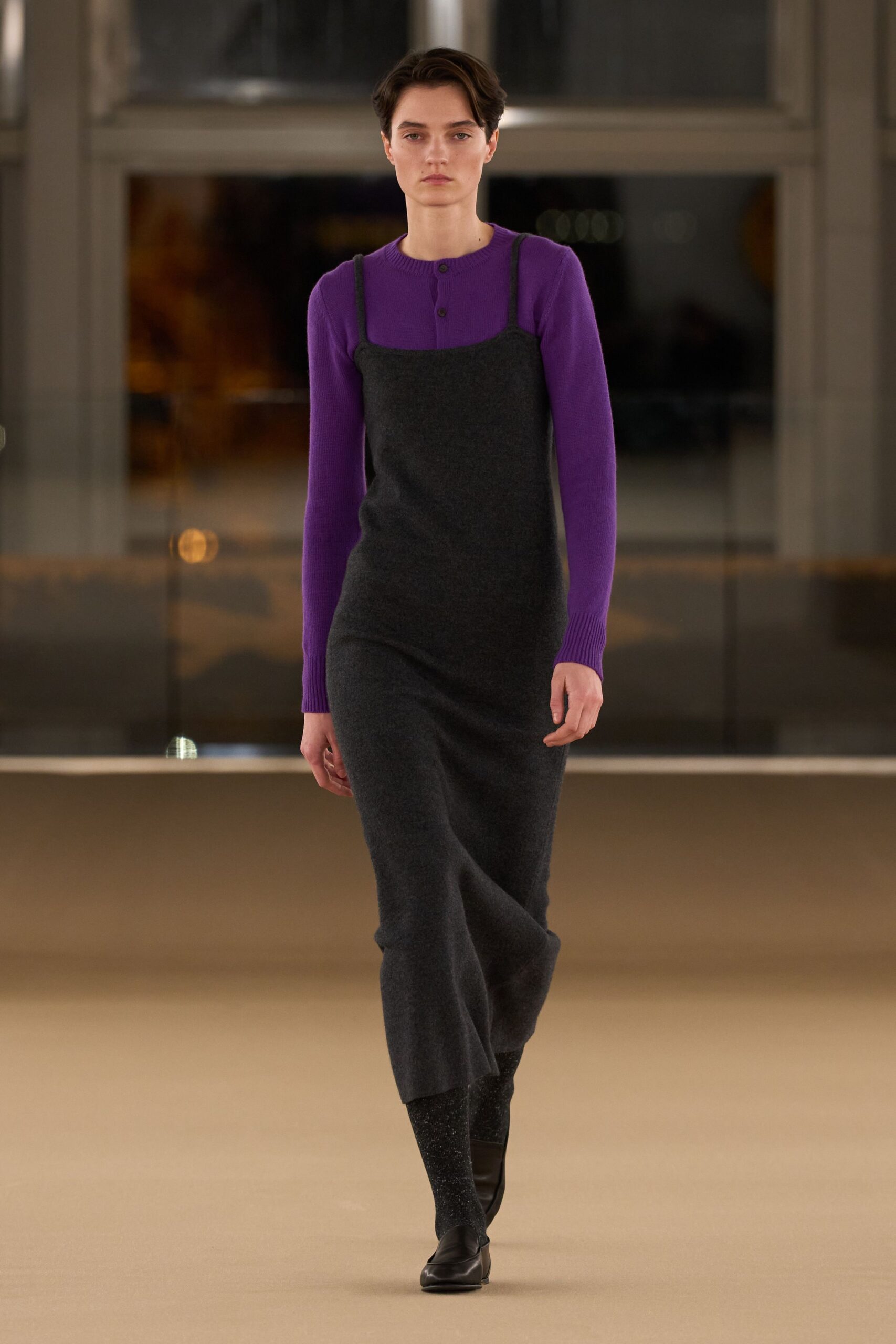 gray wool midi dress with purple top
