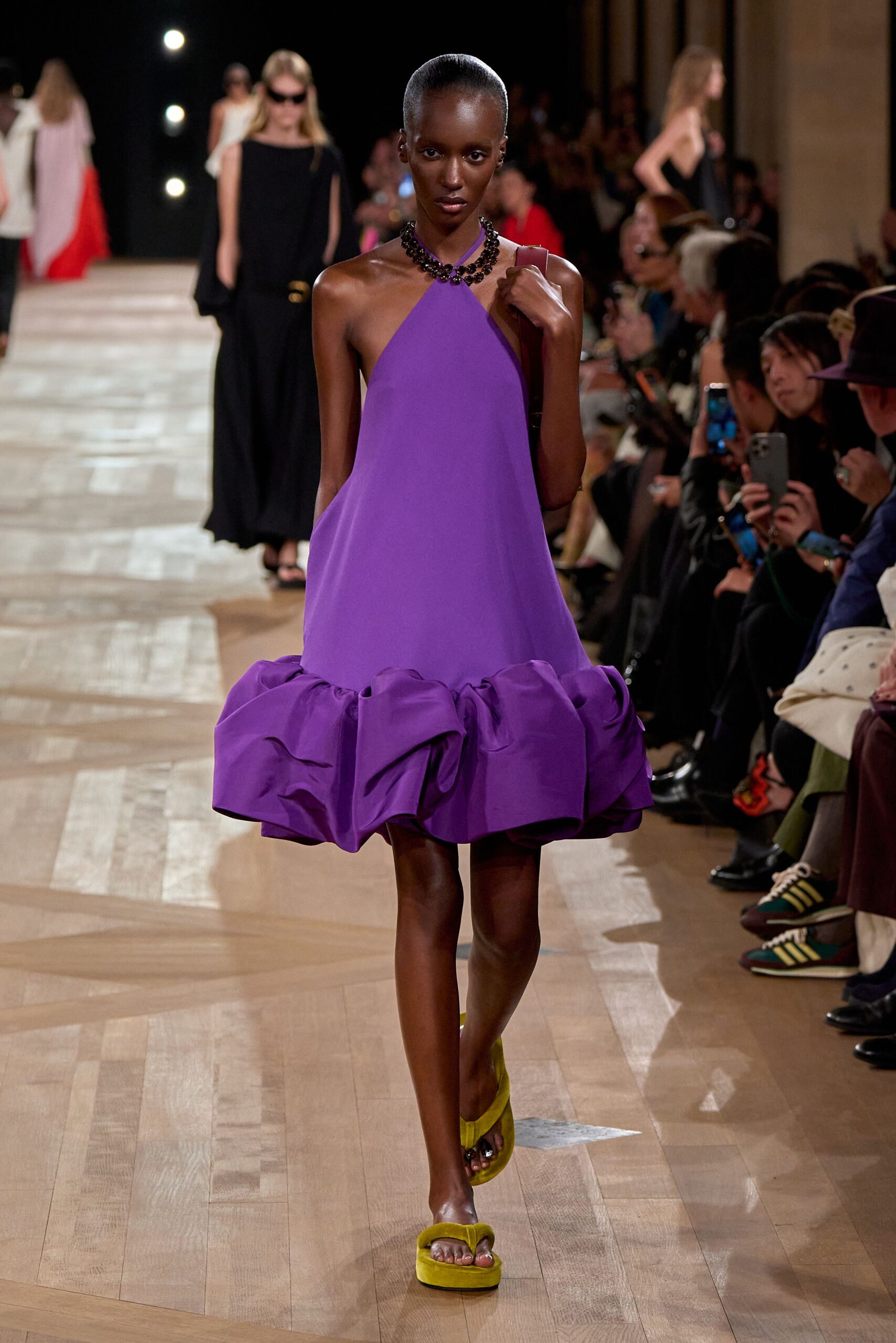 purple cotton sleeveless halter fitted ruffled mini dress