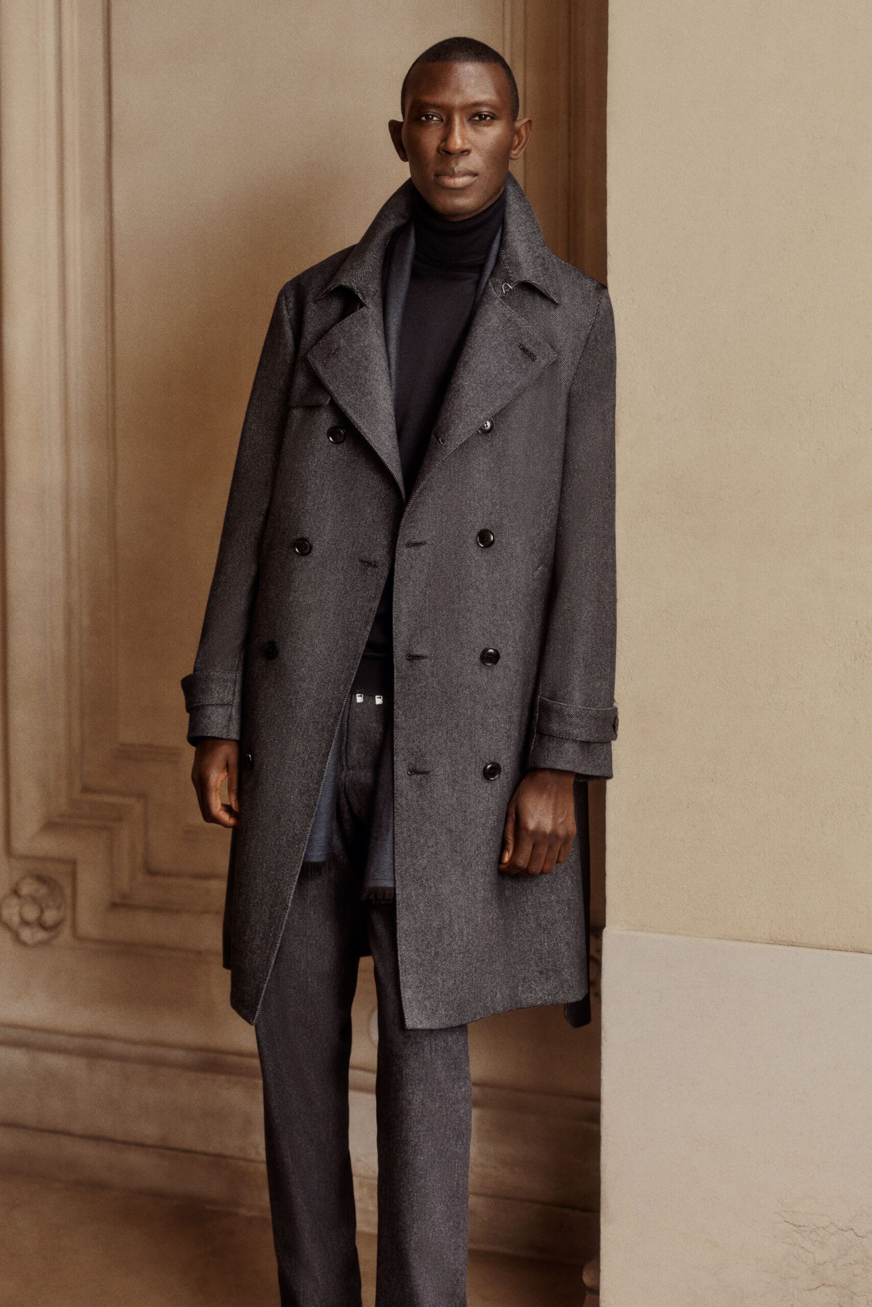 gray wool long-sleeve double-breasted structured buttoned coat