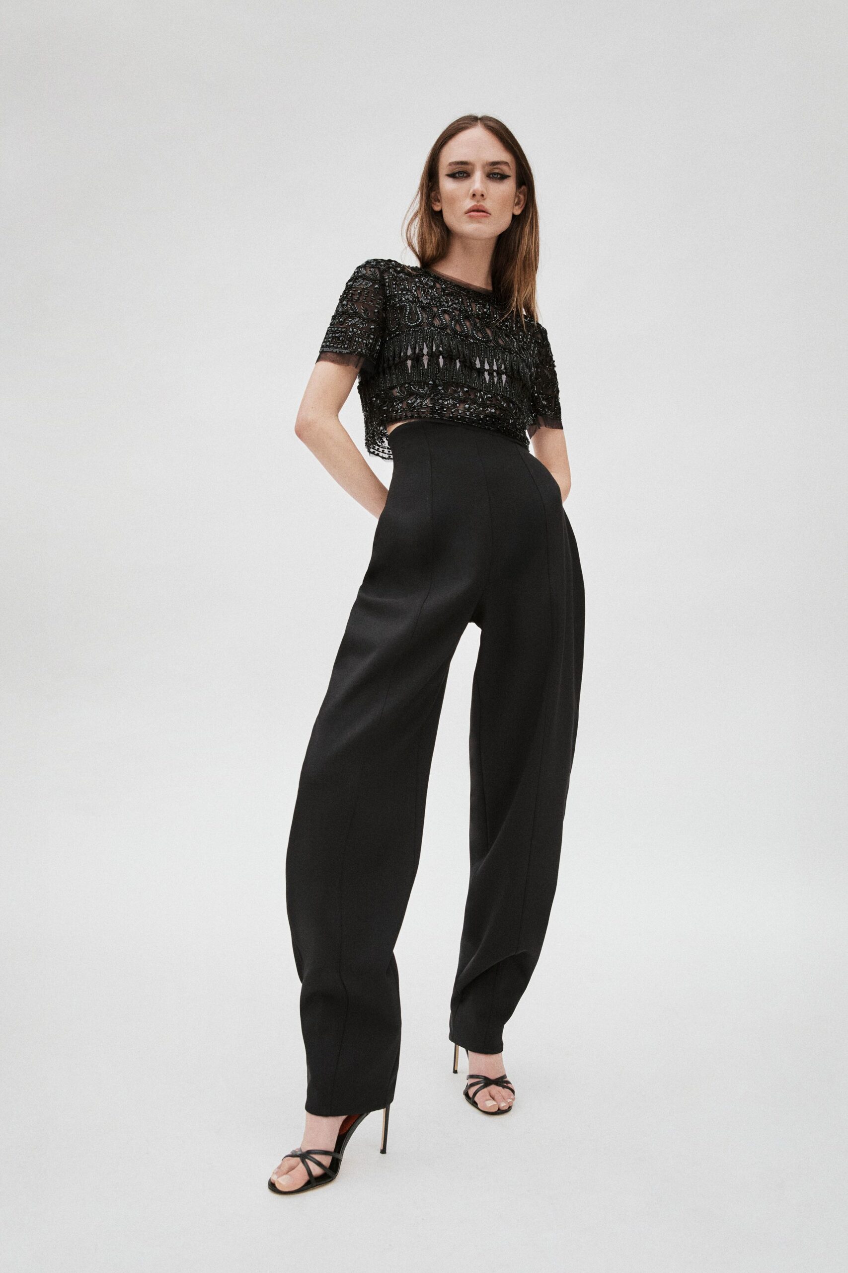 black lace top tailored pants