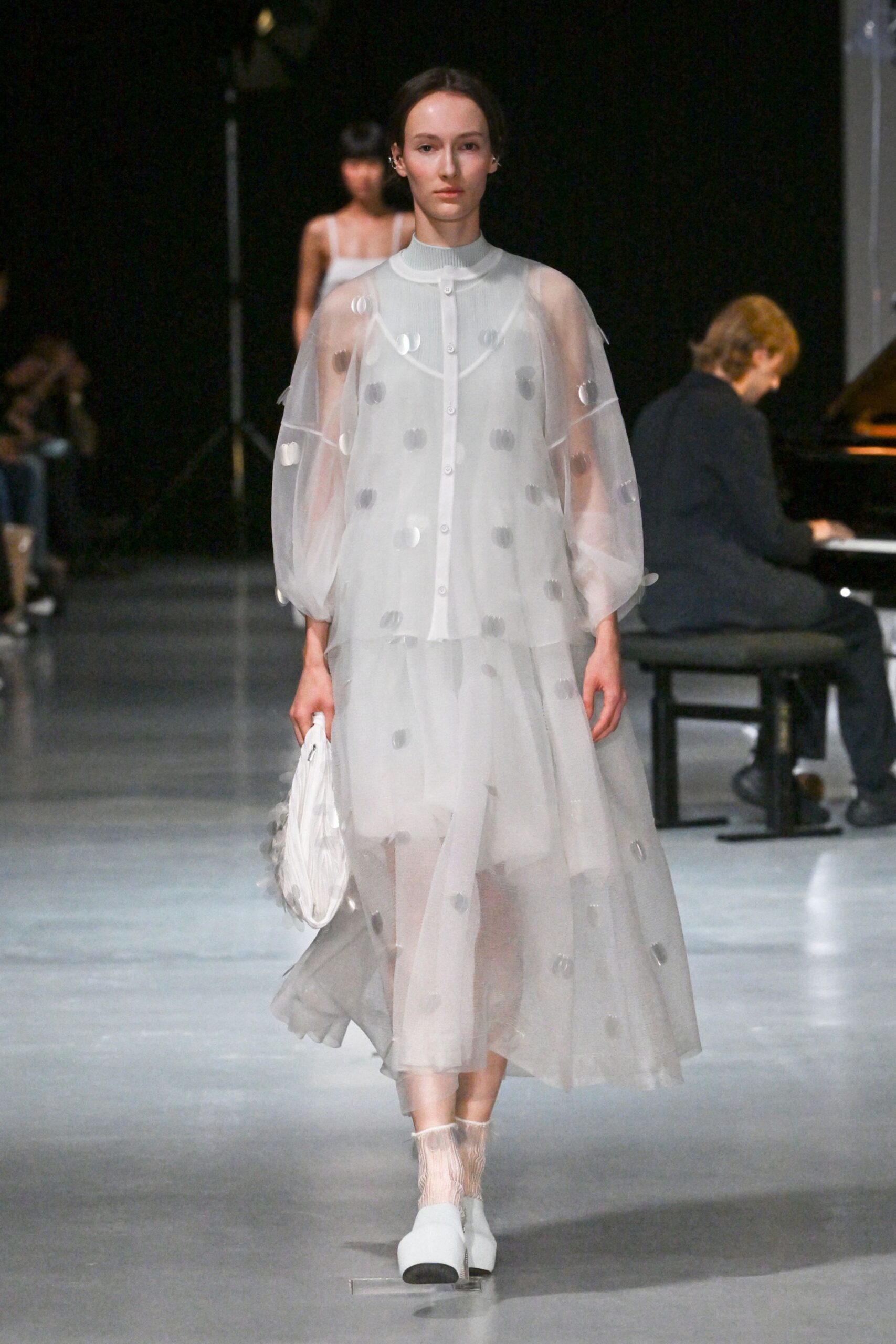 white chiffon long-sleeve collared relaxed pleated embroidered dress