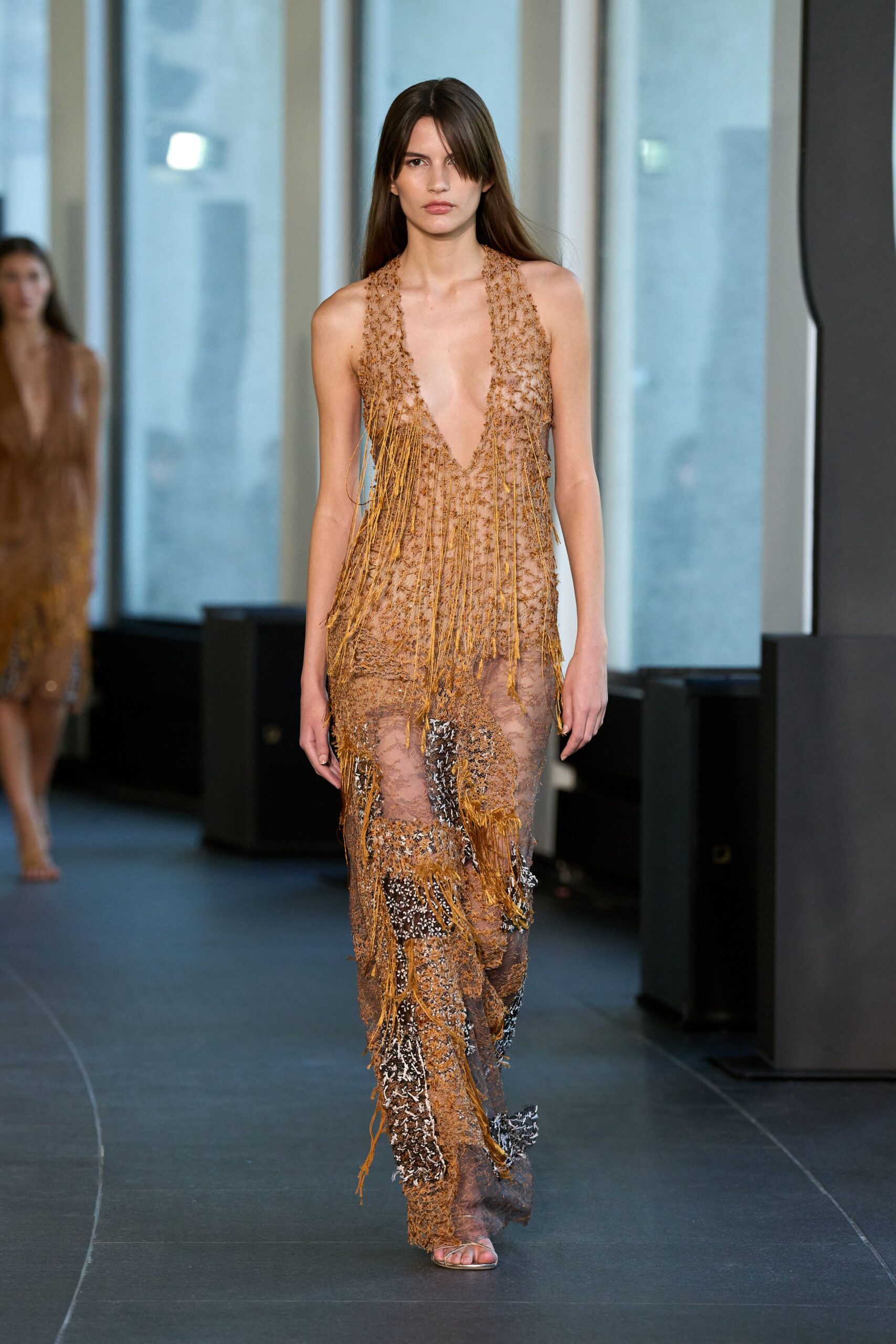 brown silk sleeveless v-neck fitted fringed layered gown