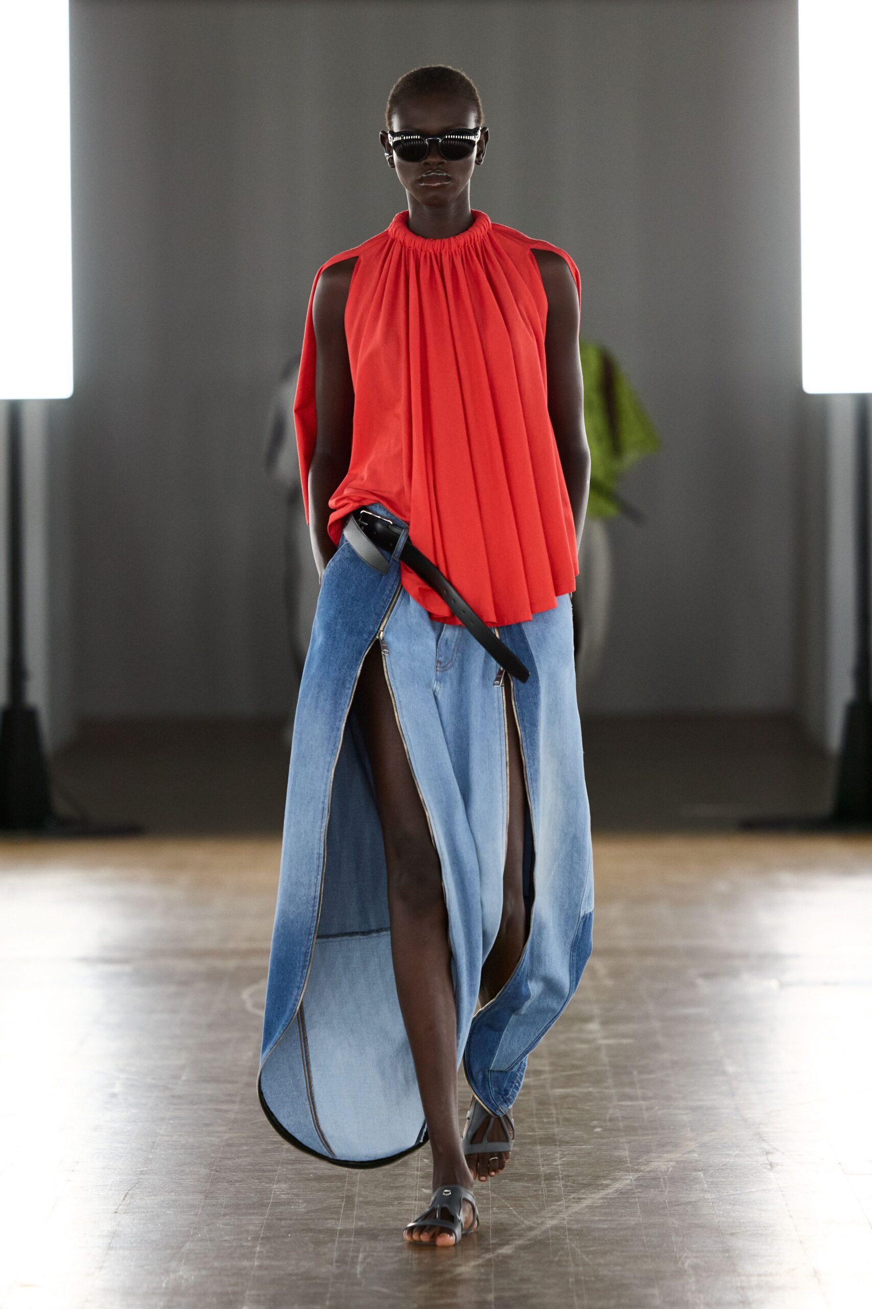 blue denim asymmetric slit relaxed layered maxi skirt
