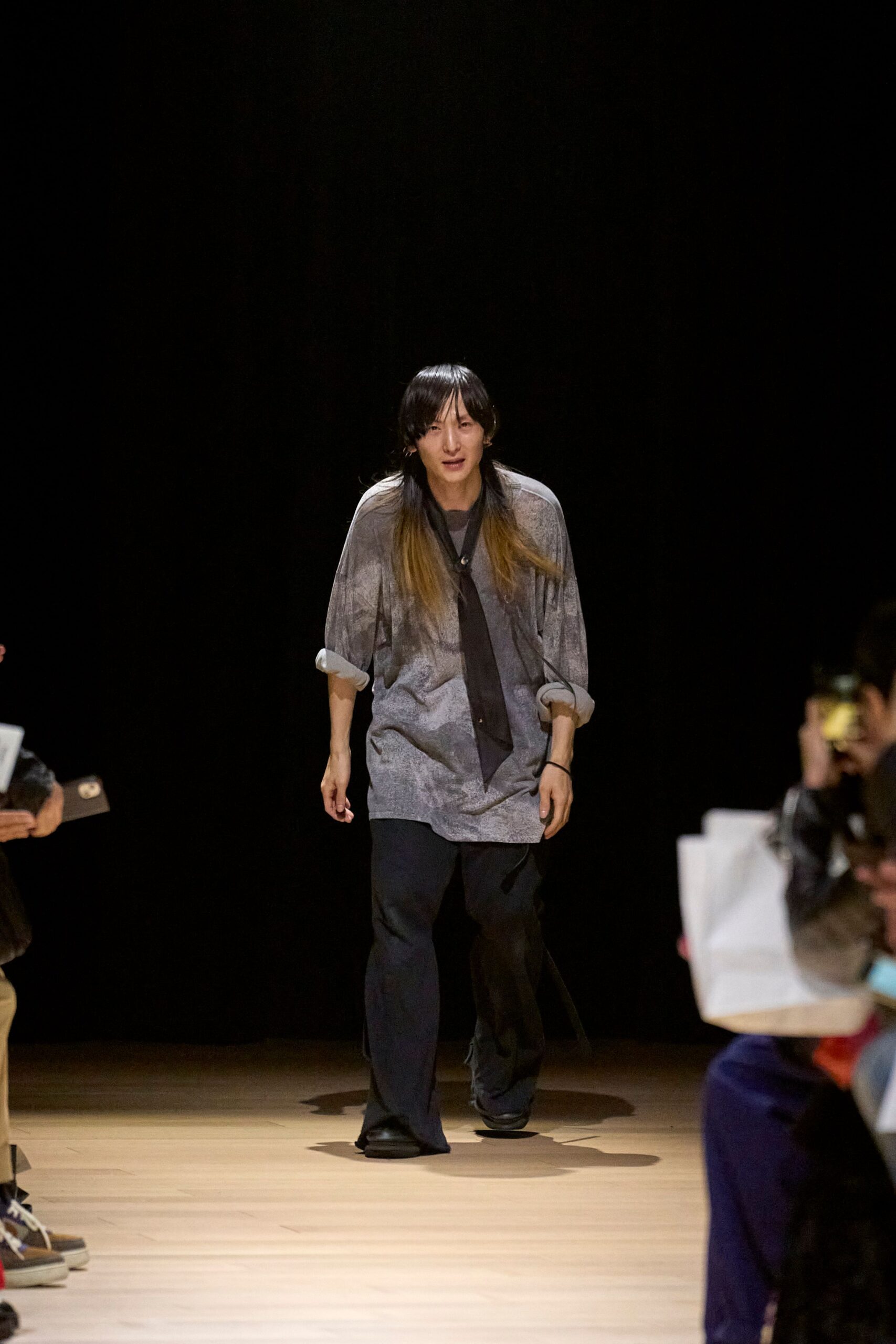 gray relaxed shirt with black pants