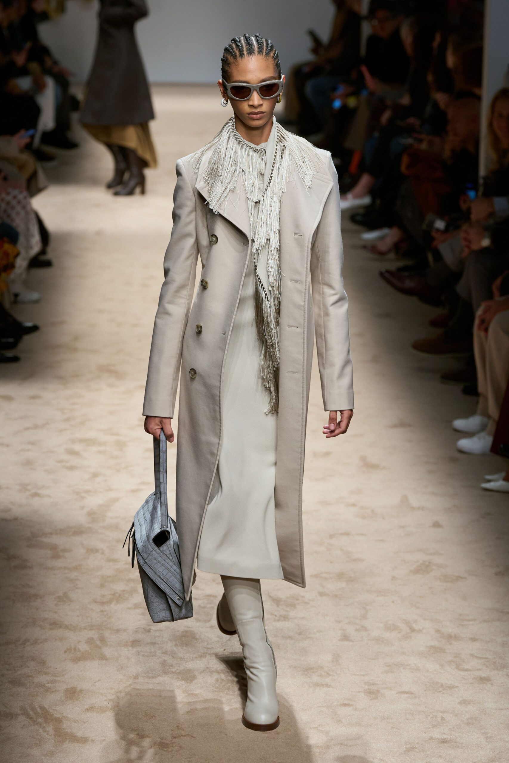 beige wool long-sleeve collared structured buttoned coat