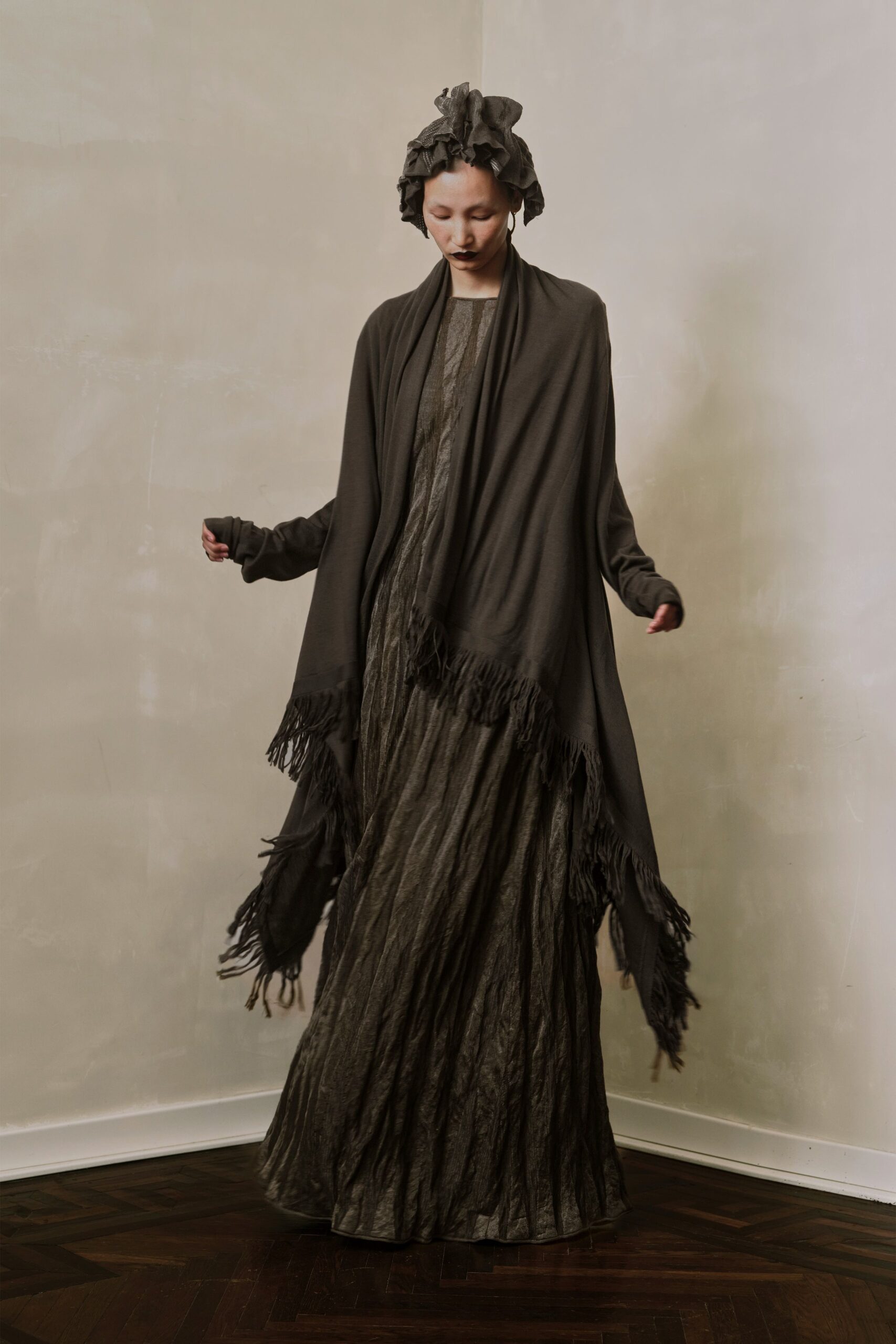 brown silk long-sleeve relaxed pleated fringed flowing gown