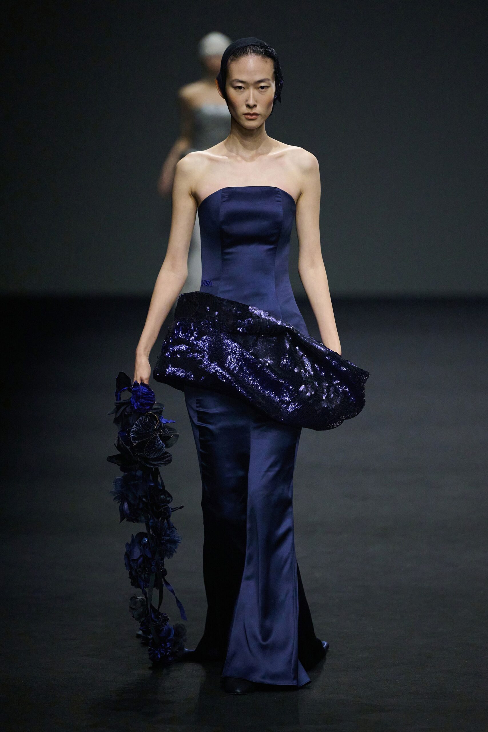blue silk strapless gown