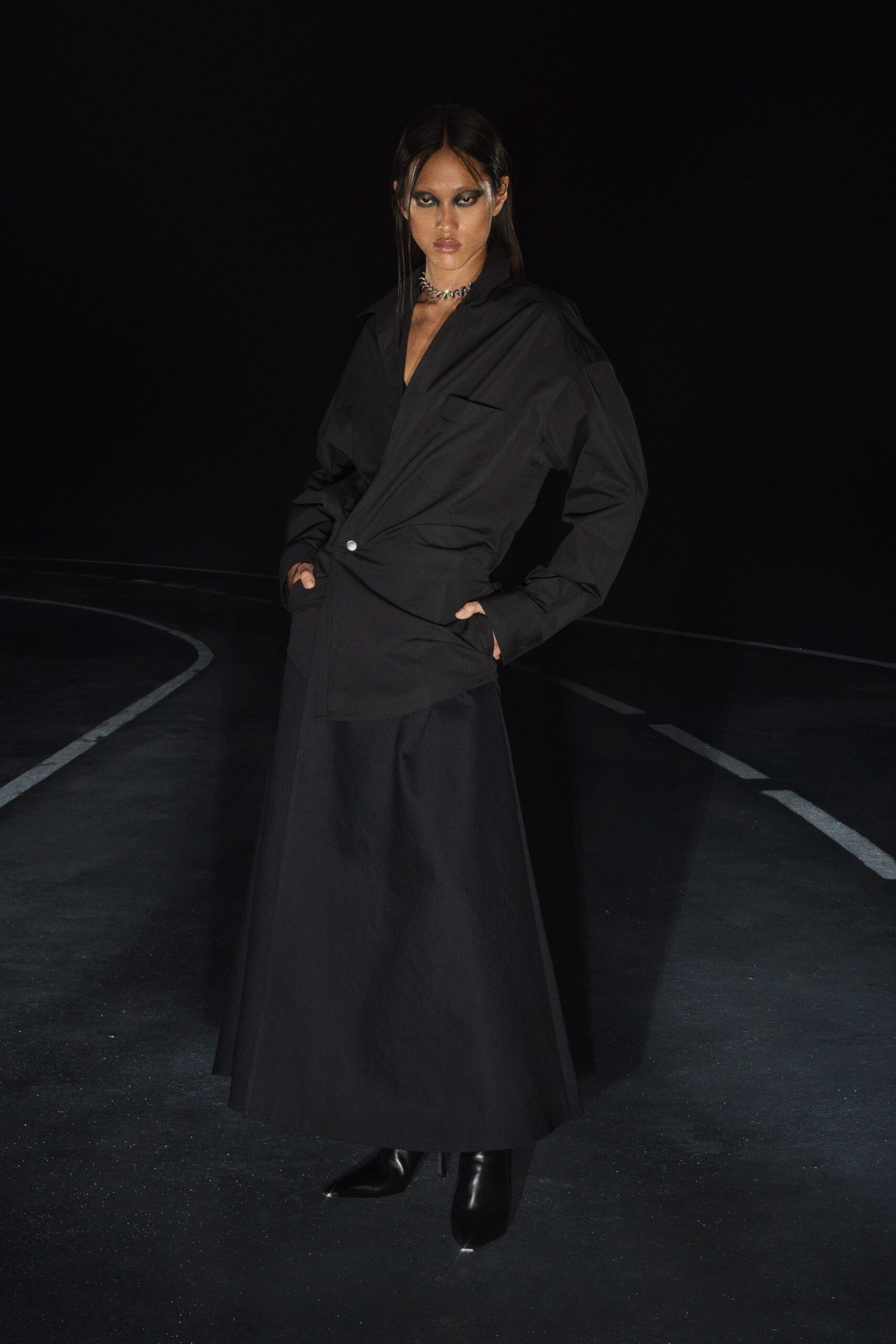 black blazer and maxi skirt