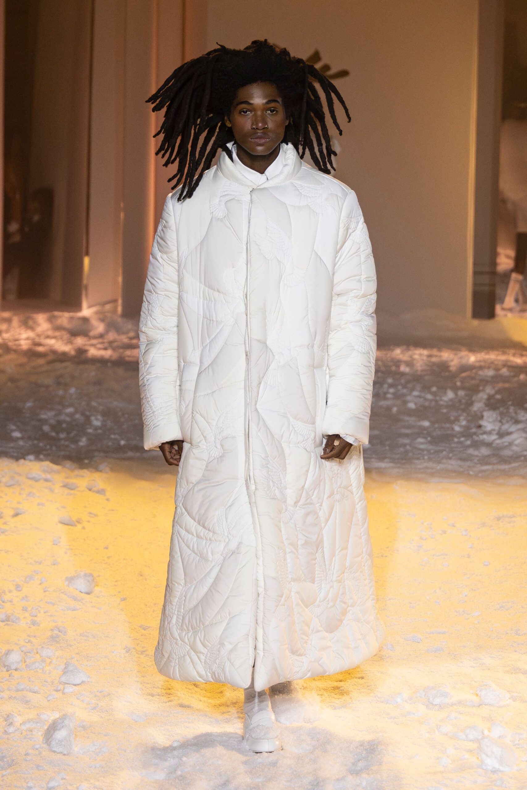 white quilted coat with shoes