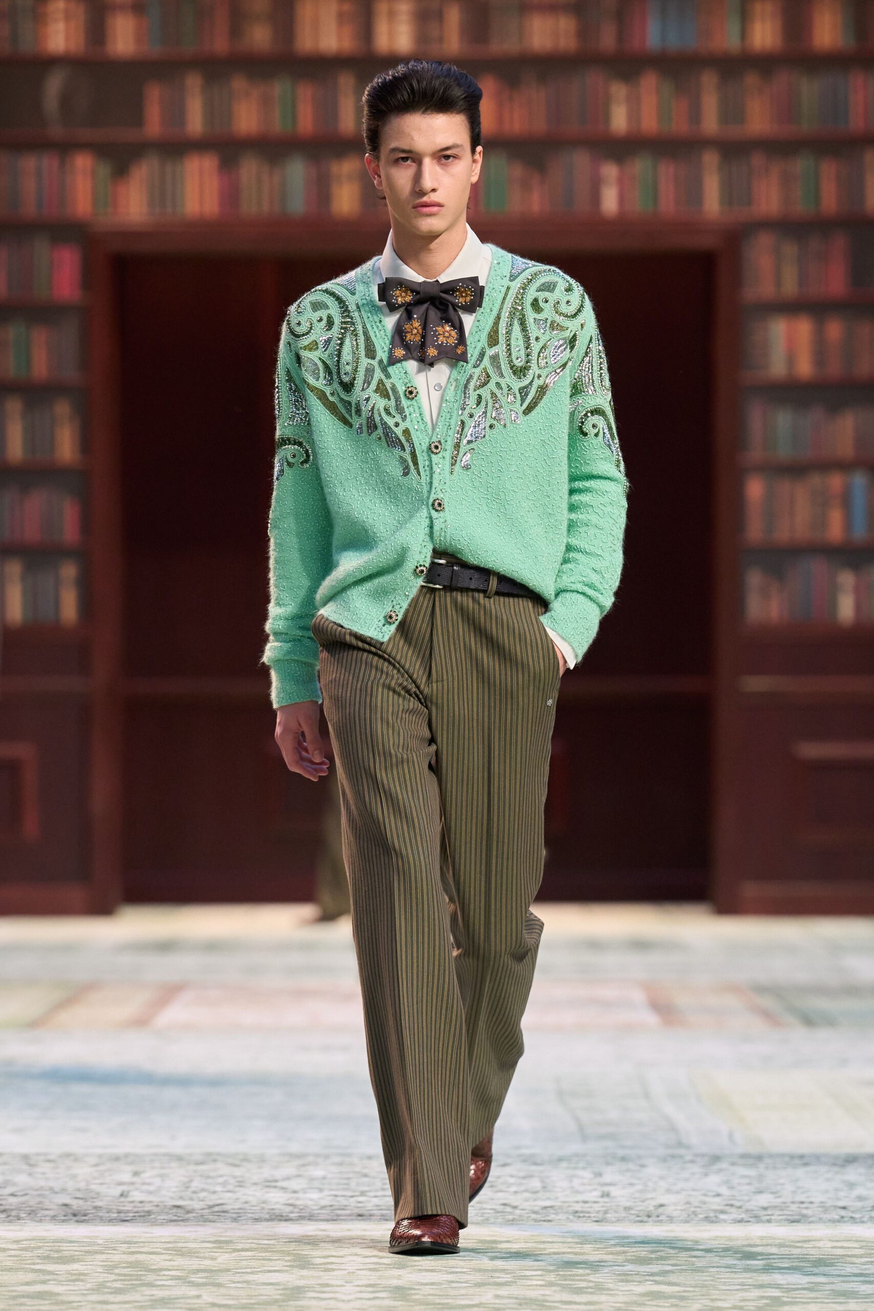 green embroidered cardigan with striped pants