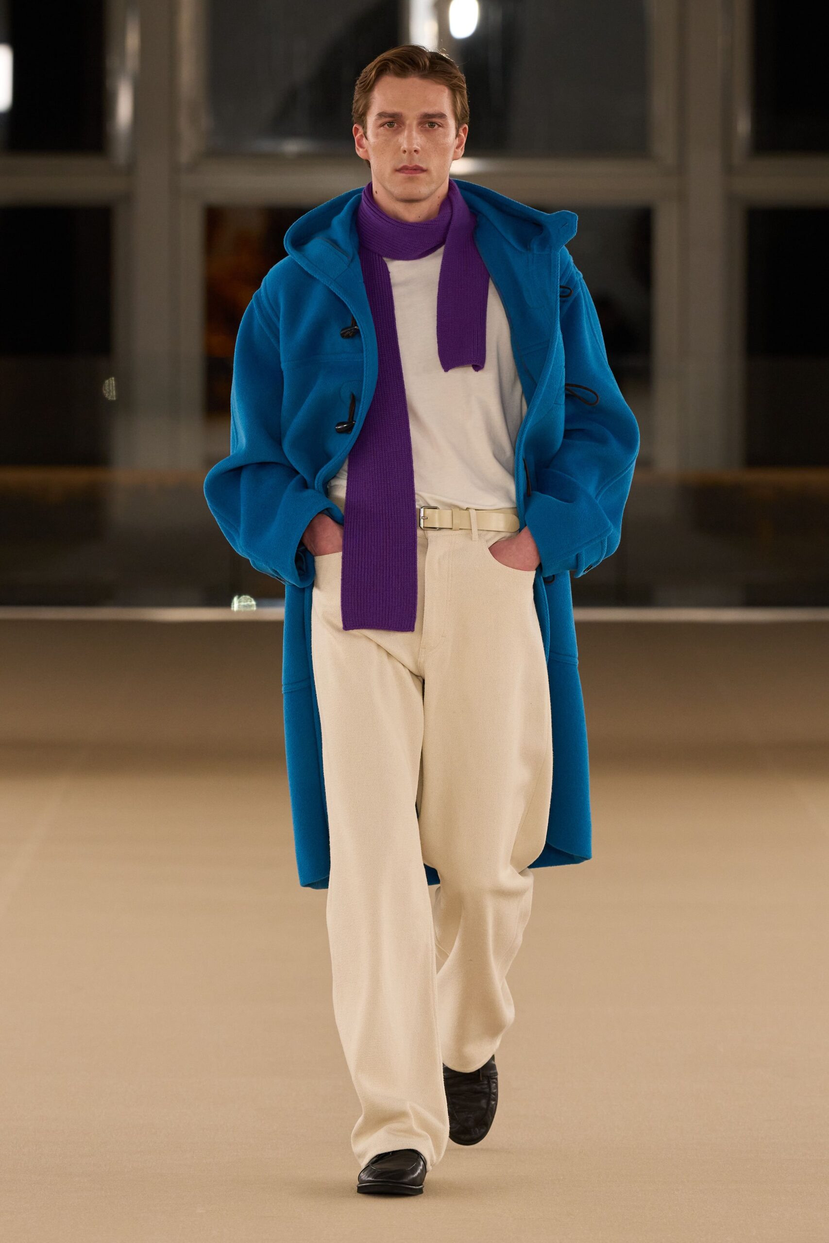 blue oversized coat with white shirt