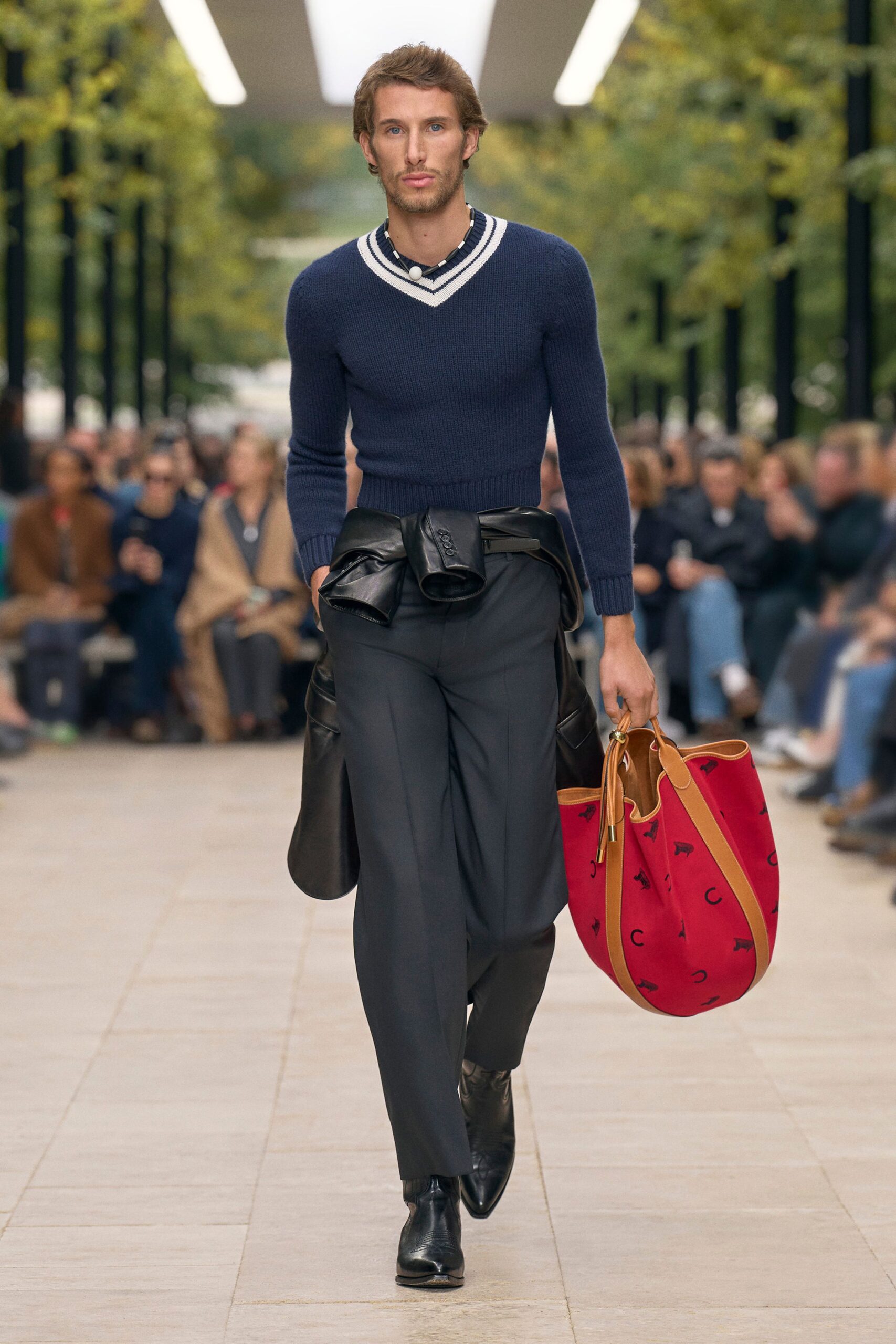blue fitted sweater gray tailored pants