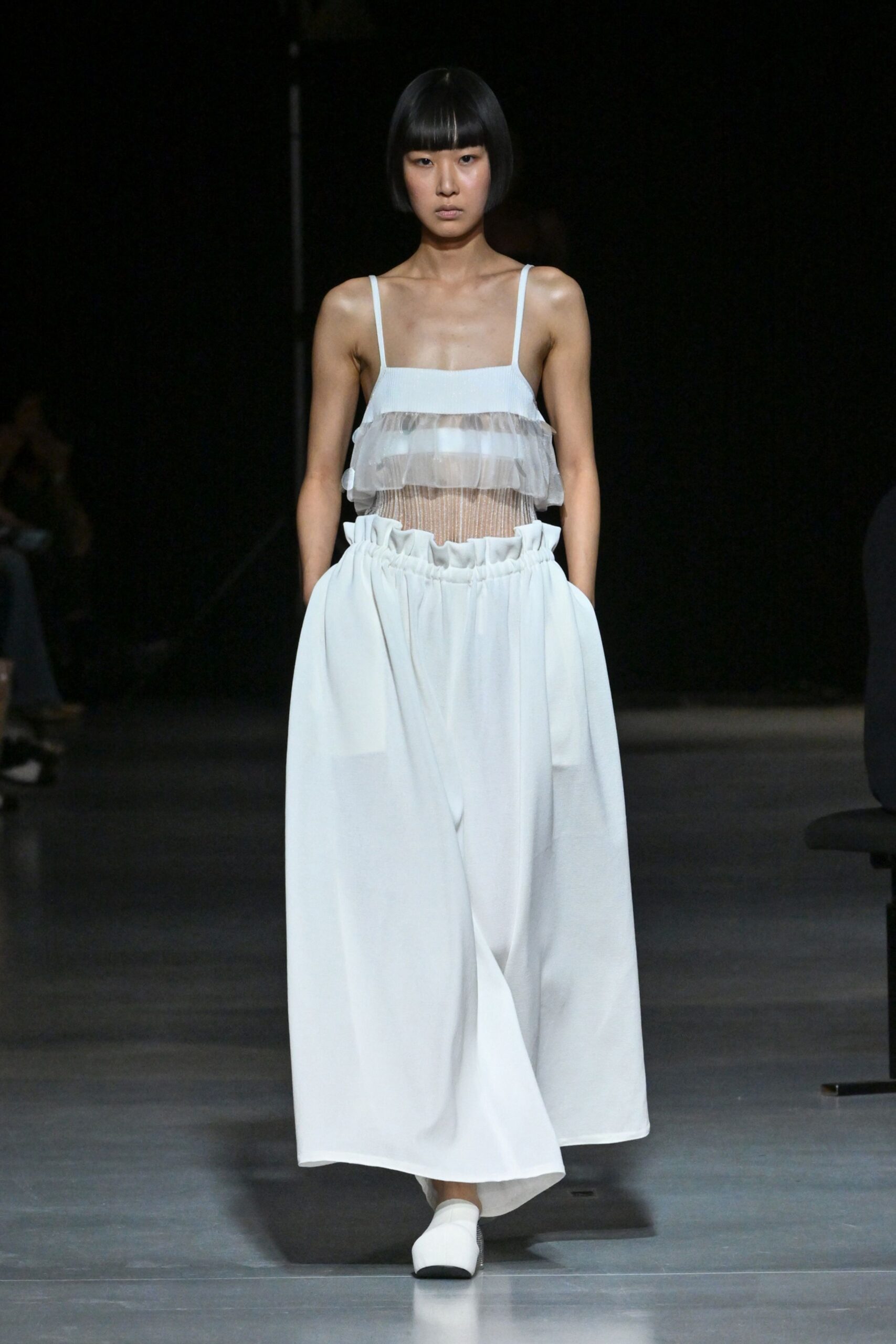 white sheer top and maxi skirt