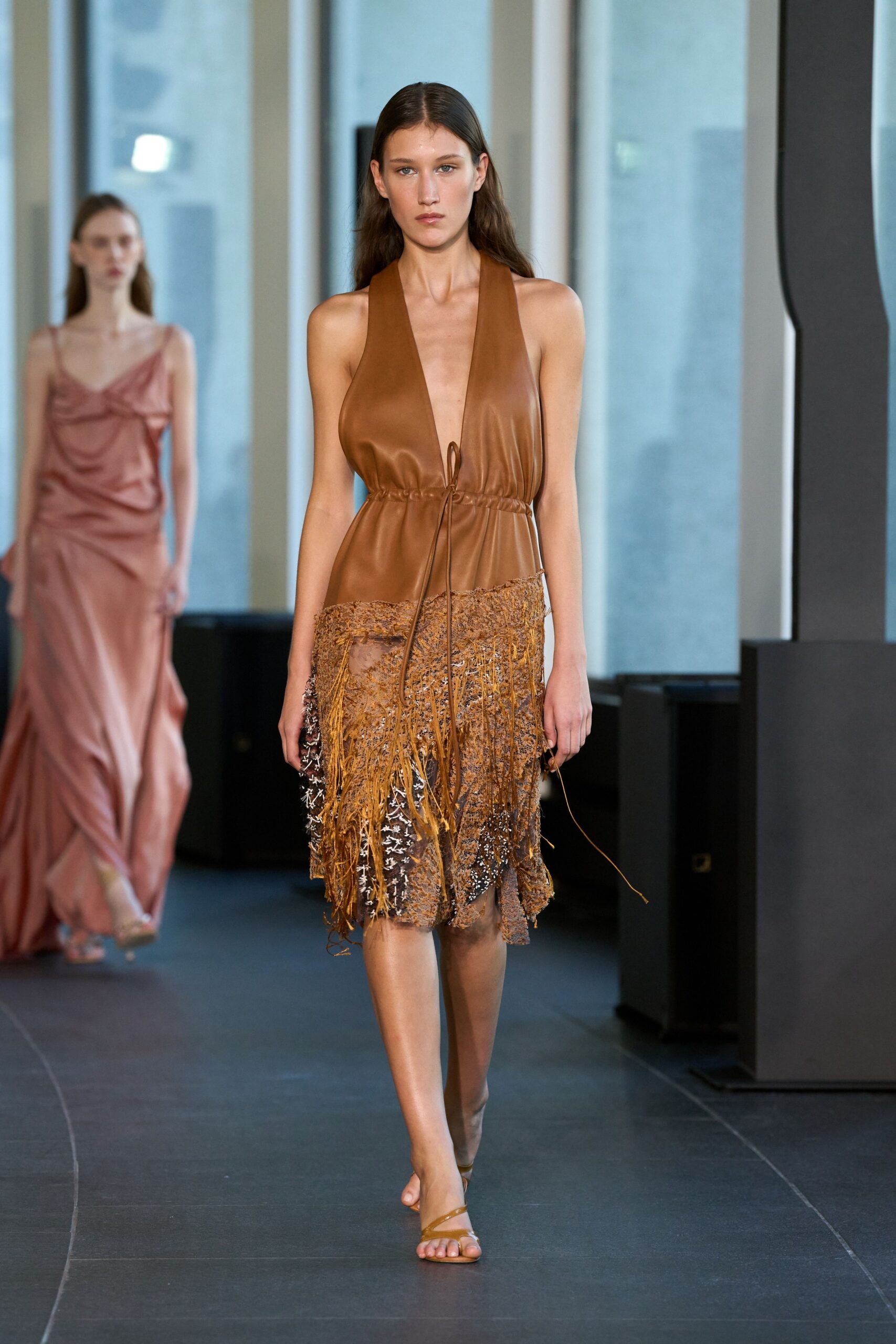 brown silk fringed mini dress