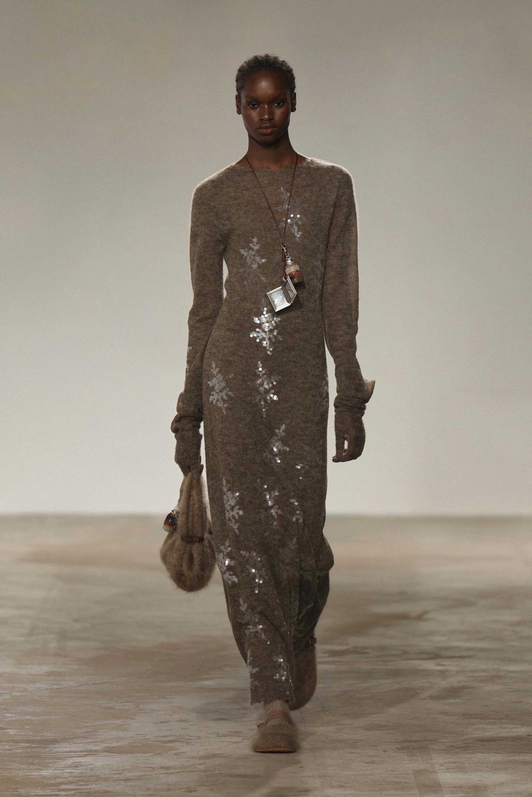 brown sequin long-sleeve scoop-neck fitted layered shiny dress