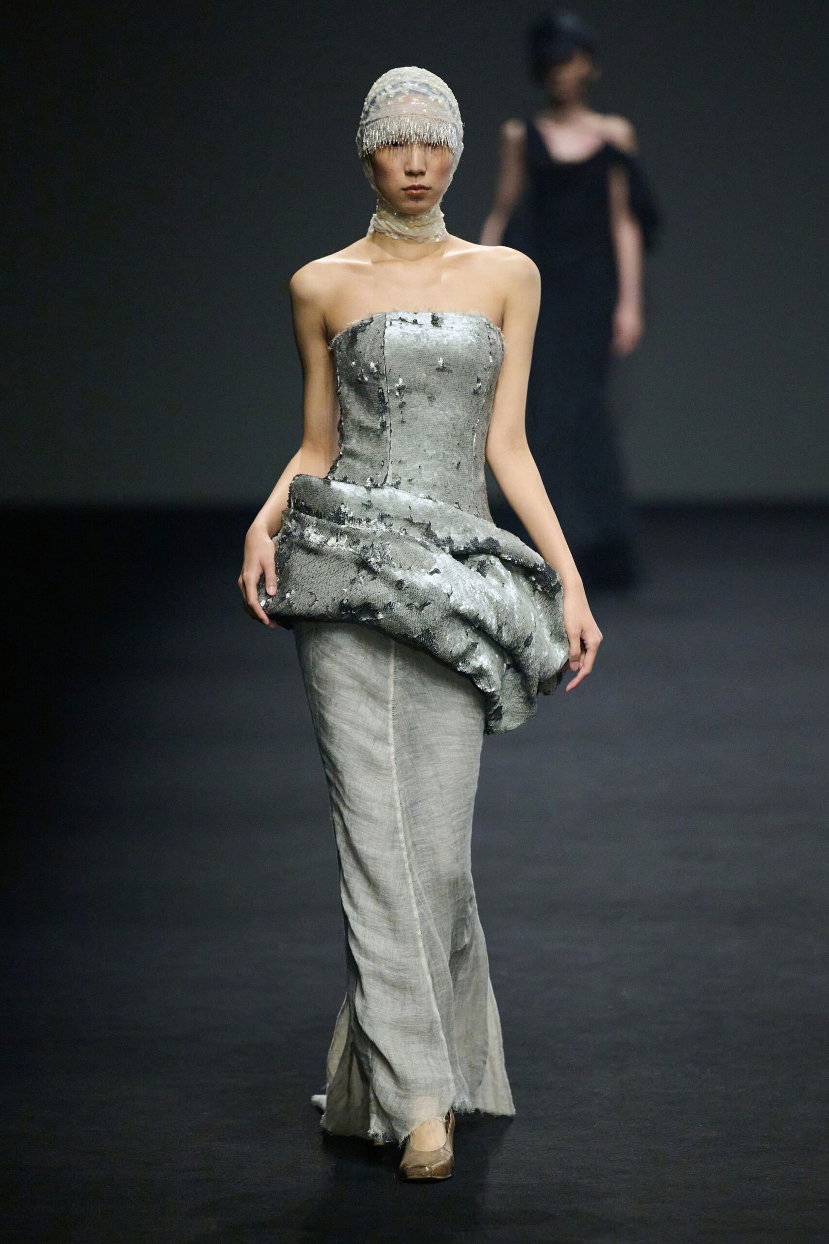 gray sequin strapless fitted draped embellished shiny gown